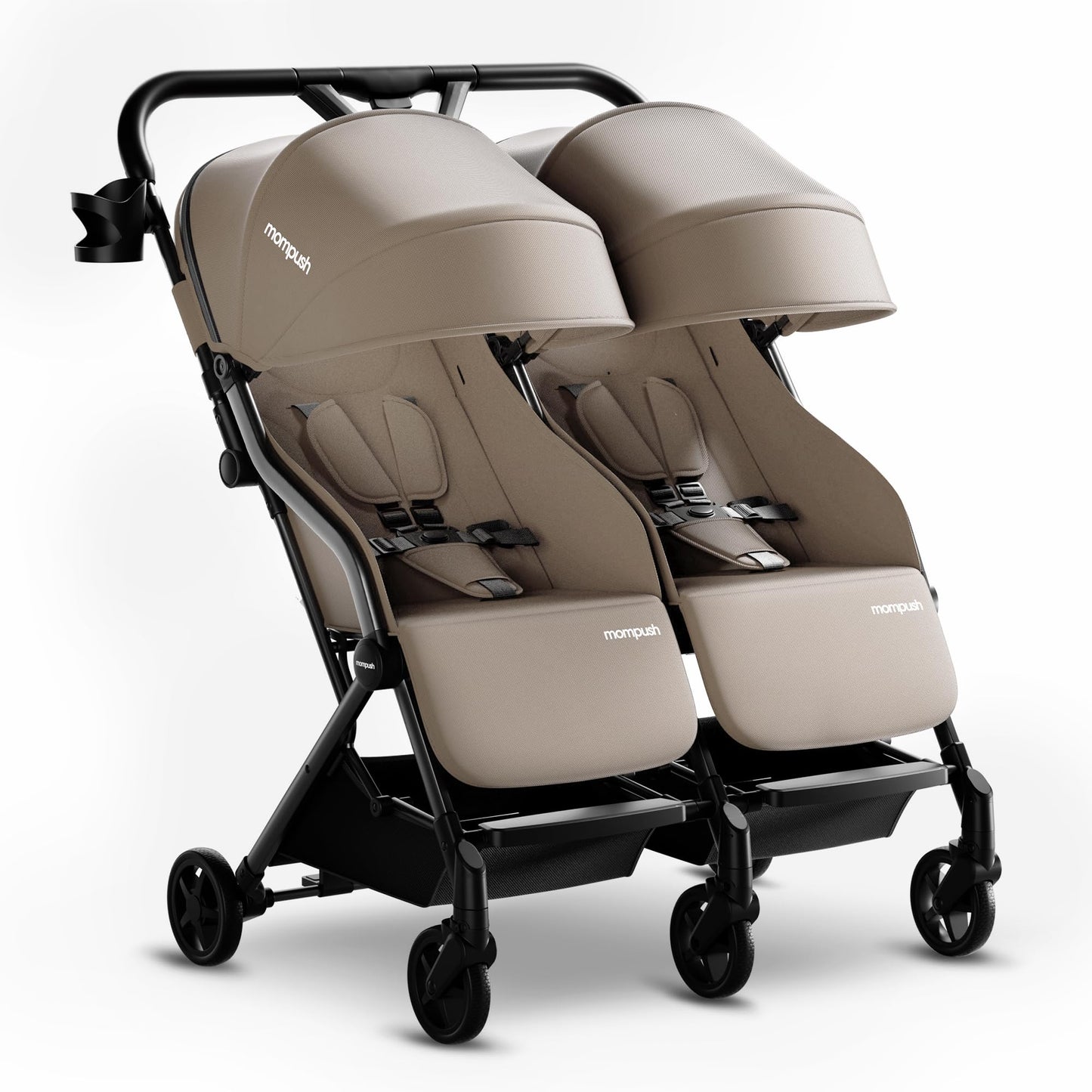 Mompush Lithe double stroller with spacious seats, recline feature, lightweight frame, easy fold, and UPF50+ canopy for newborns and toddlers.