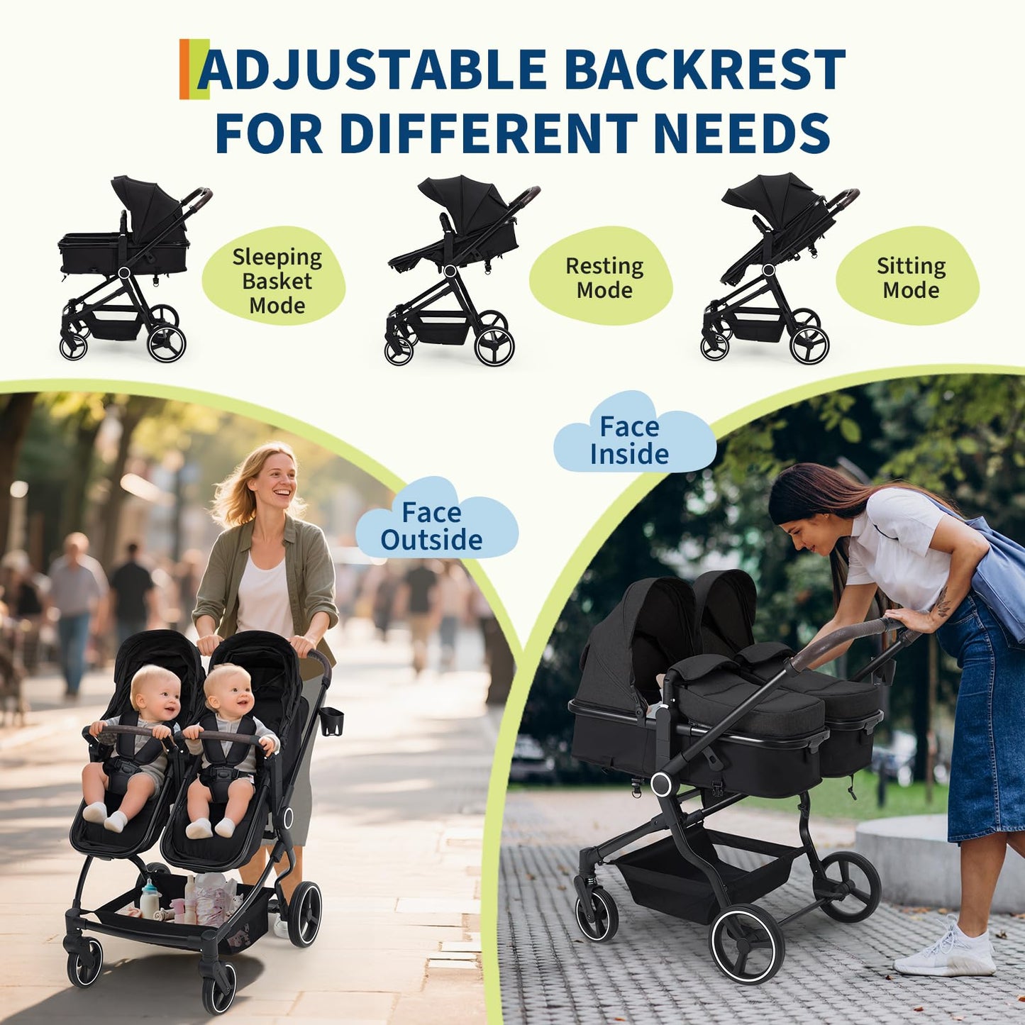 Lightweight twin stroller for infants and toddlers with reclining seats, adjustable canopy, and 5-point harness, high landscape design.