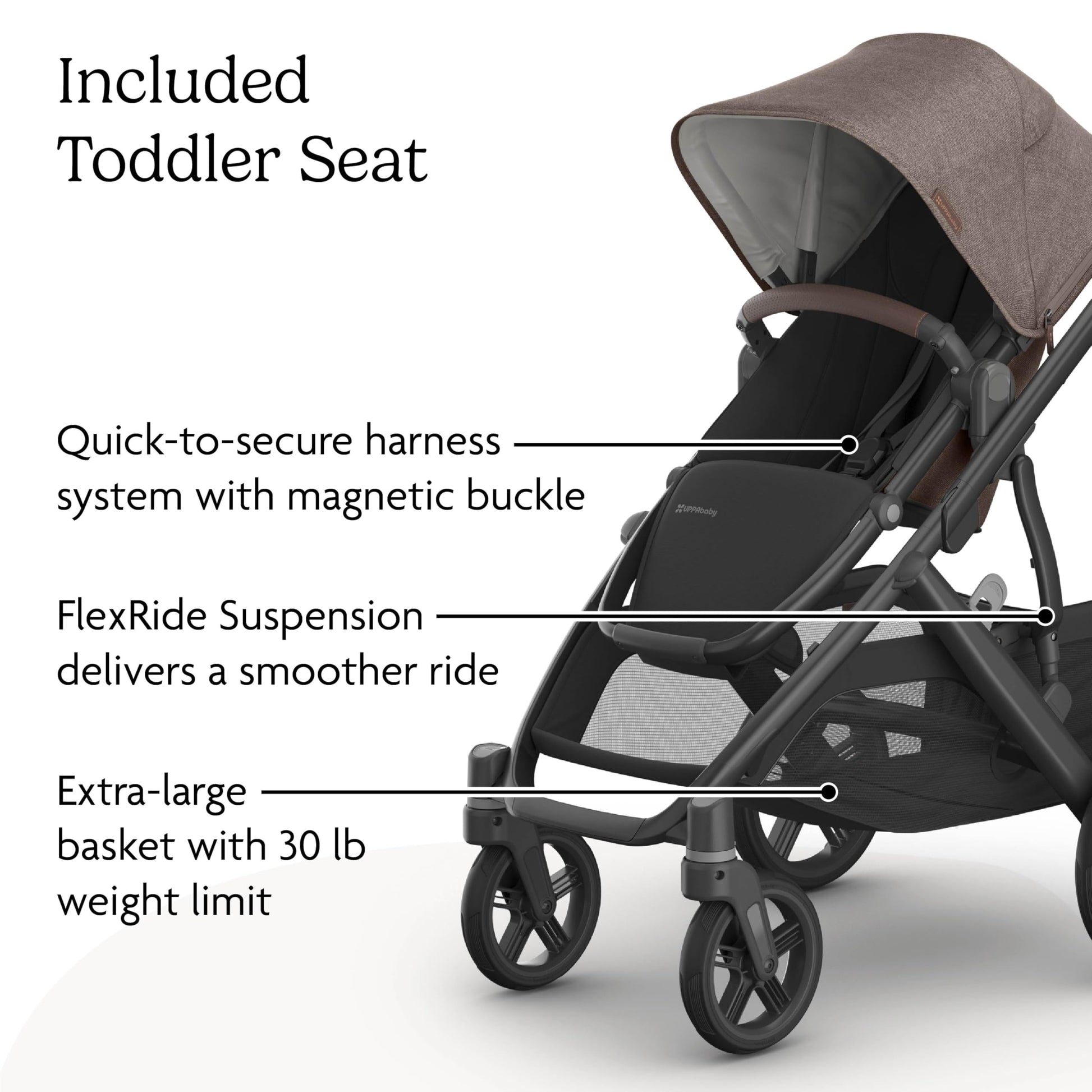 UPPAbaby Vista V3 convertible stroller for baby and toddler with all-wheel suspension, large storage basket, in Charcoal/Carbon frame.