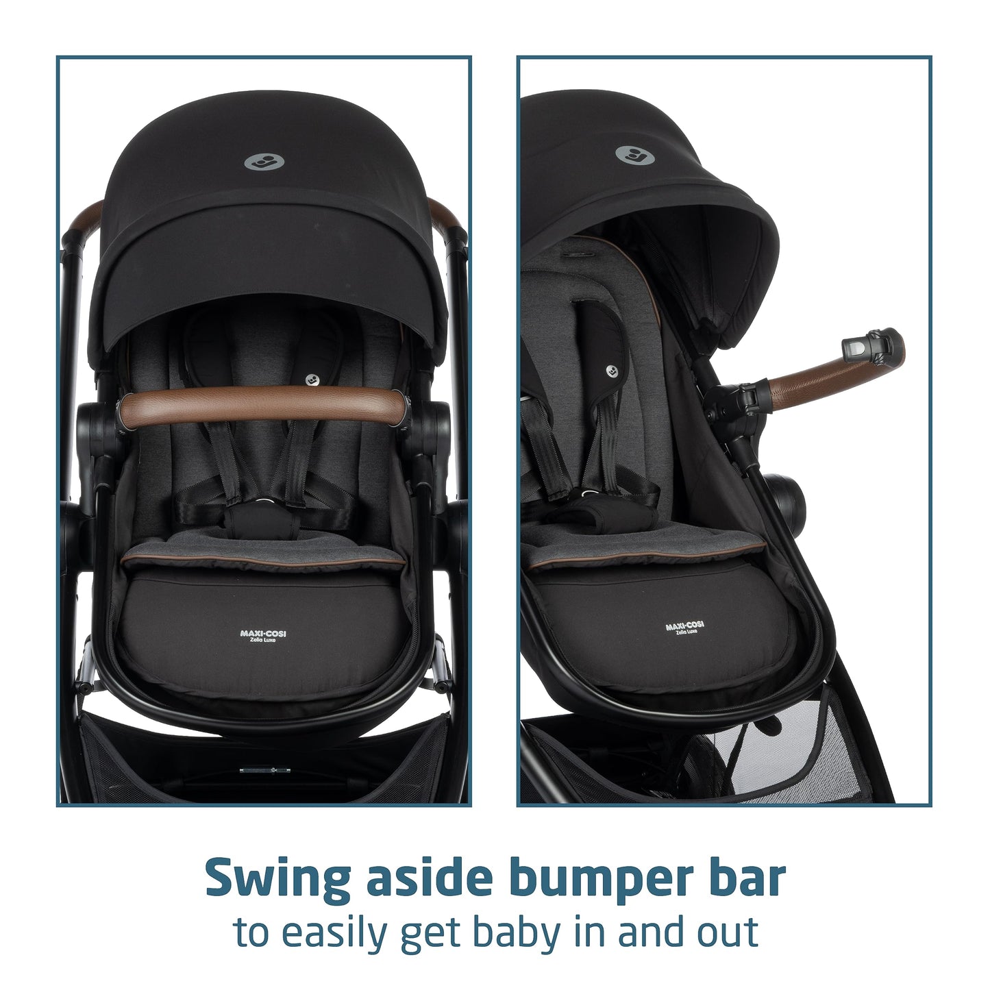 Maxi-Cosi Zelia Luxe 5-in-1 modular travel system with stroller, car seat, and accessories for versatile baby transport.