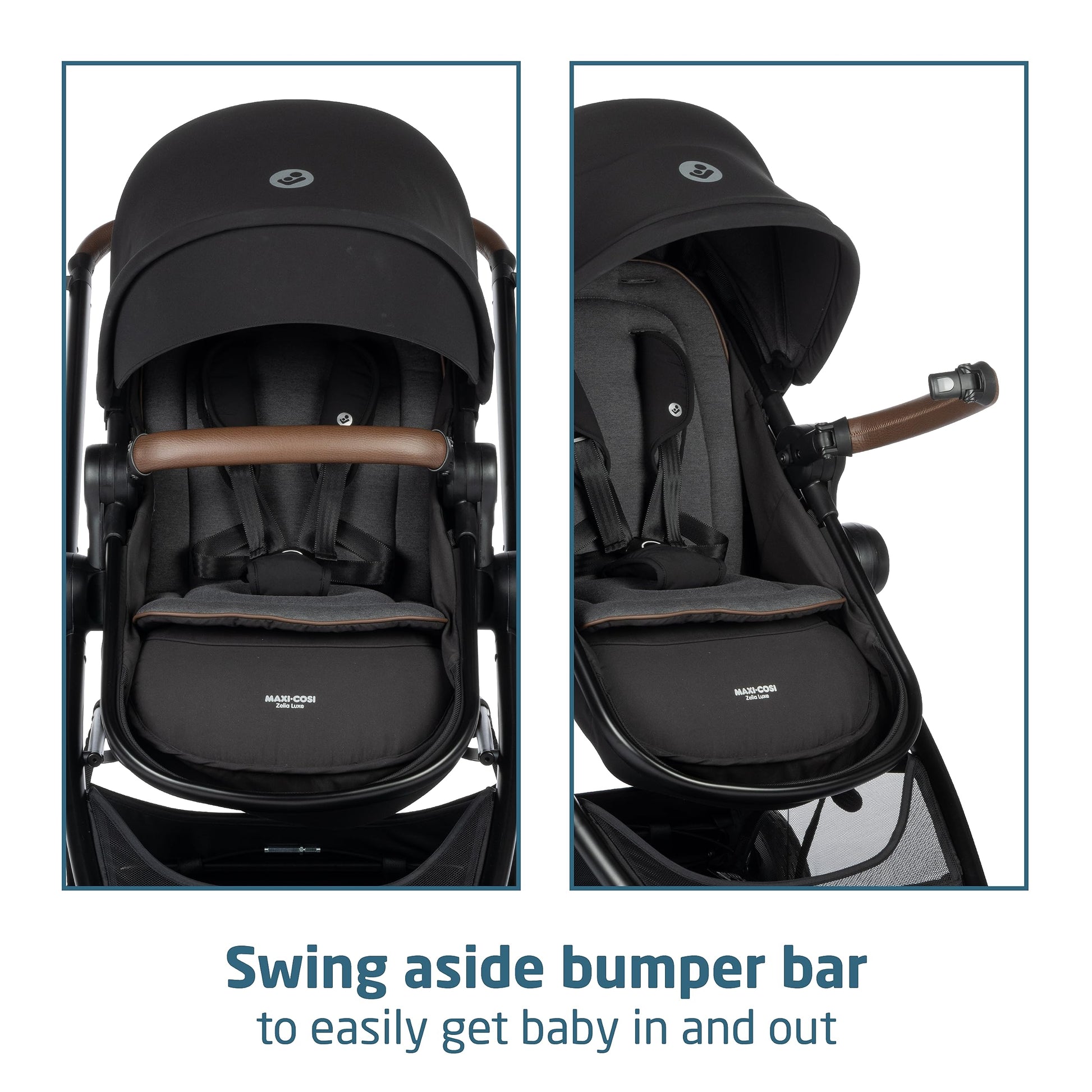 Maxi-Cosi Zelia Luxe 5-in-1 modular travel system with stroller, car seat, and accessories for versatile baby transport.