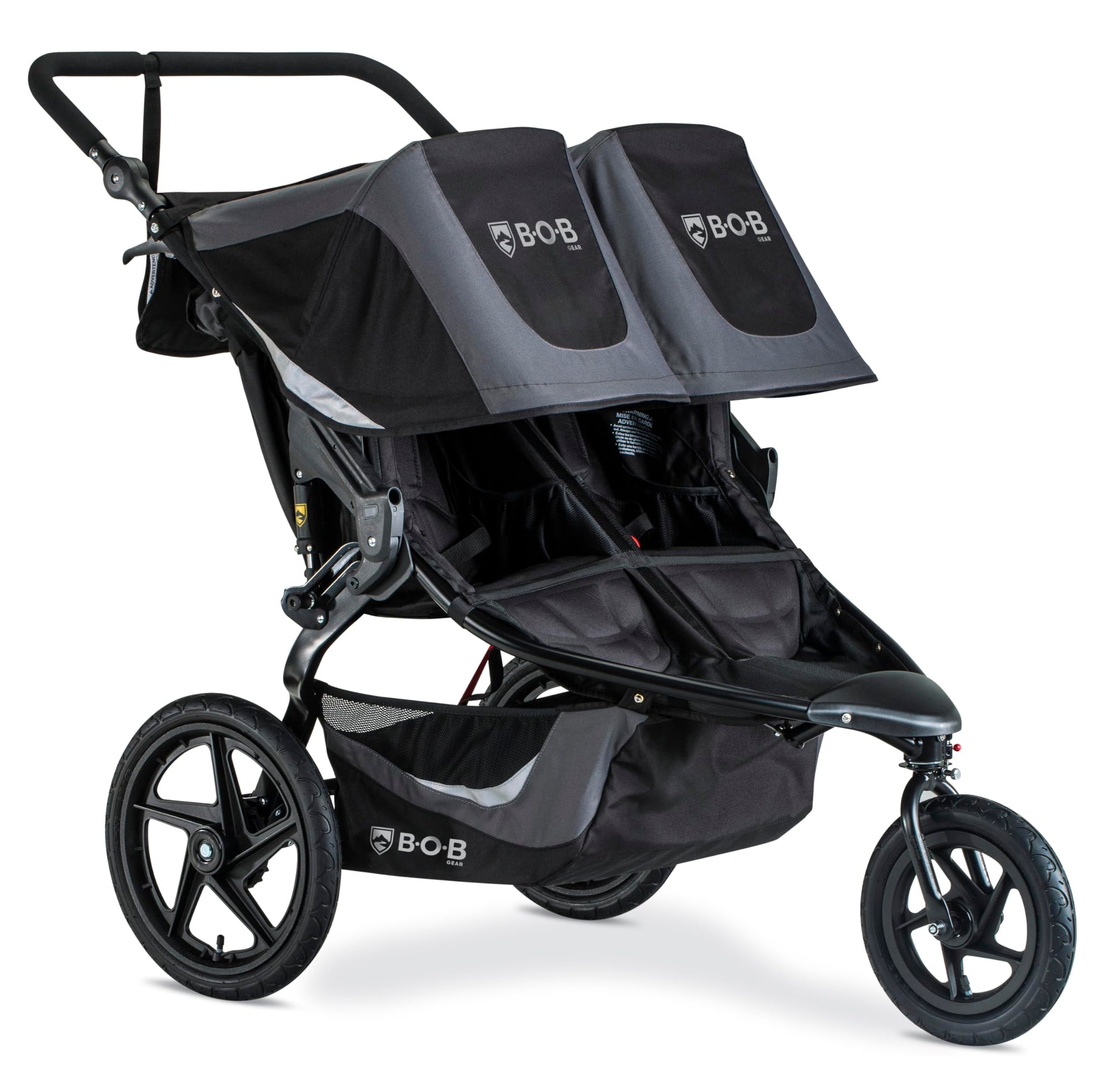 My Store BOB Gear Revolution Flex 3.0 Duallie jogging stroller in graphite black, showing the double stroller with adjustable handlebars.