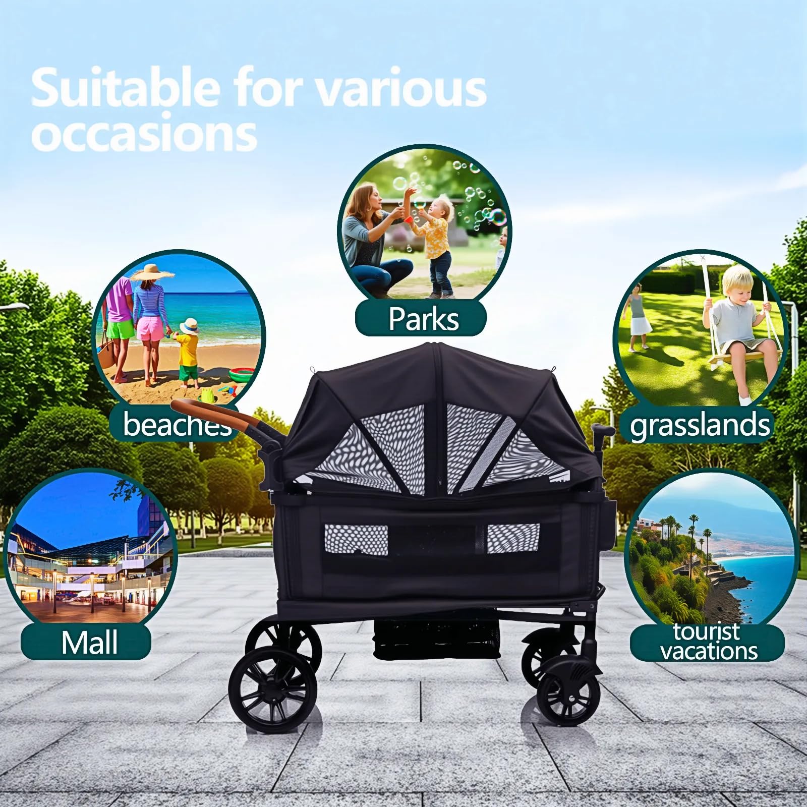 Luxury wagon stroller for 2 kids and cargo, lightweight foldable double travel stroller with canopy, tray, cup holder, and adjustable handle.