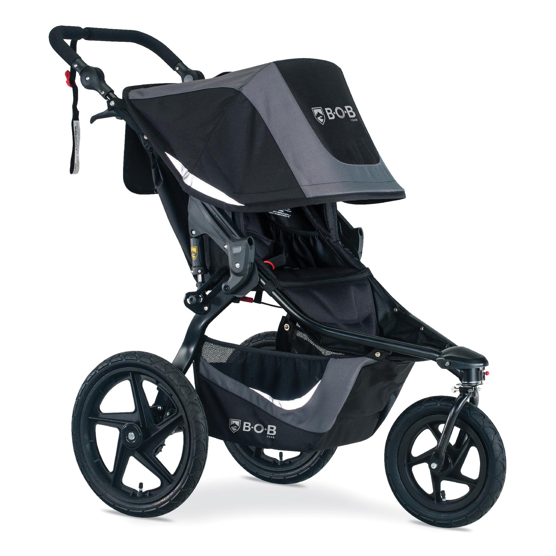 My Store BOB Gear Revolution Flex 3.0 Duallie jogging stroller in Graphite Black with two child seats and adjustable canopy.