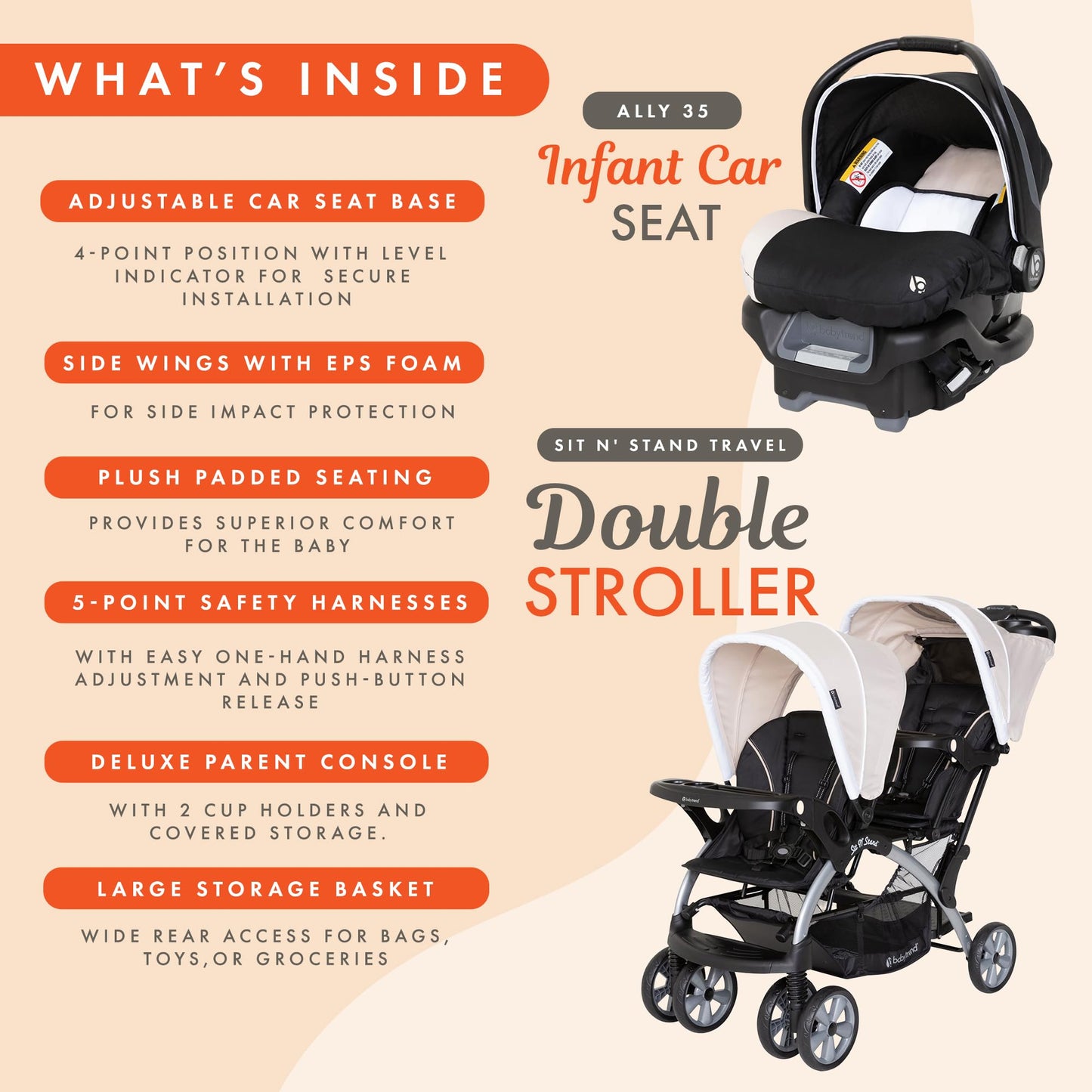 Baby Trend infant and toddler double stroller with car seat, lightweight and portable, in Stormy color, tandem travel system with two-piece set.