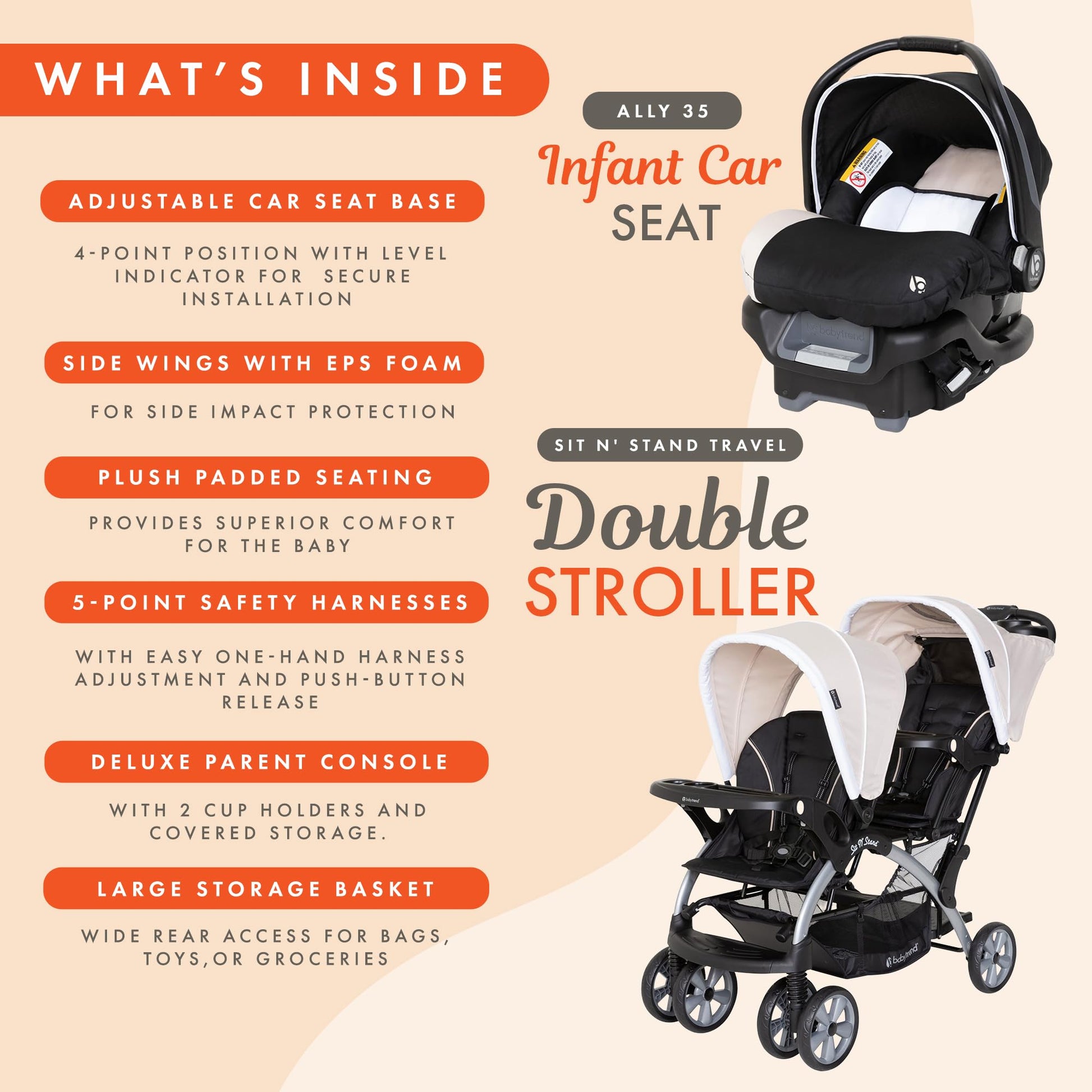 Baby Trend infant and toddler double stroller with car seat, lightweight and portable, in Stormy color, tandem travel system with two-piece set.