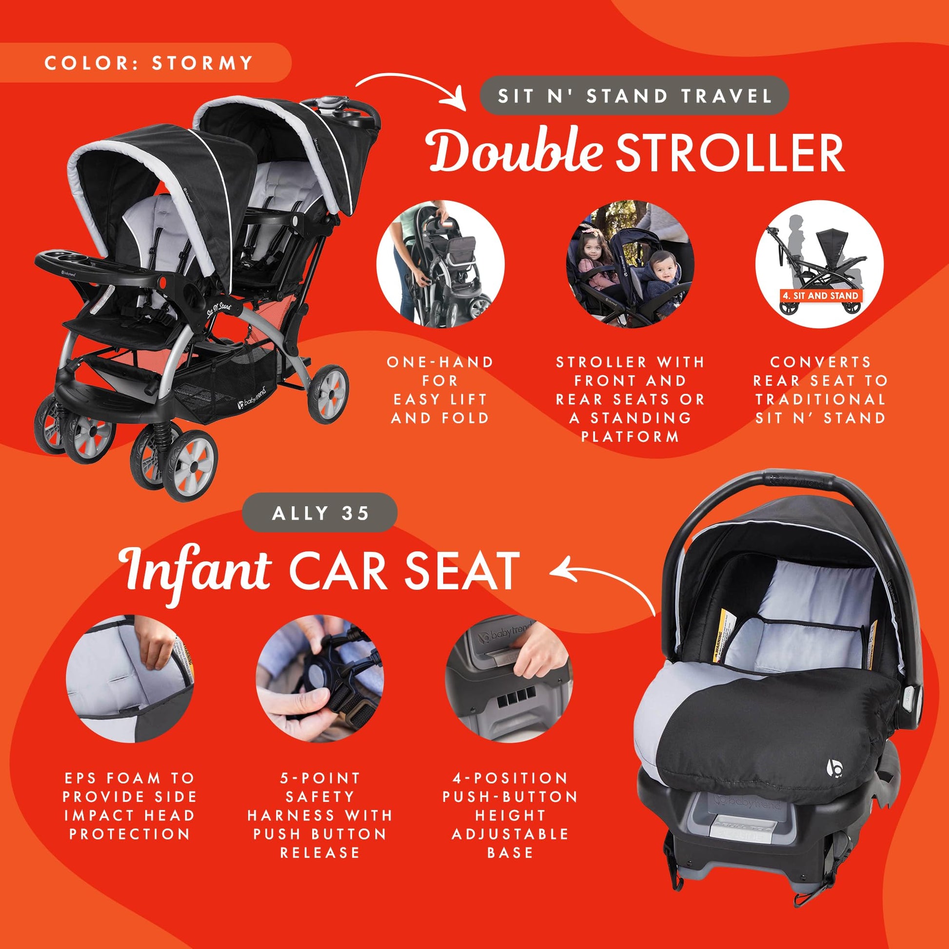 Baby Trend infant and toddler double stroller with car seat, lightweight and portable Stormy travel system tandem for babies.