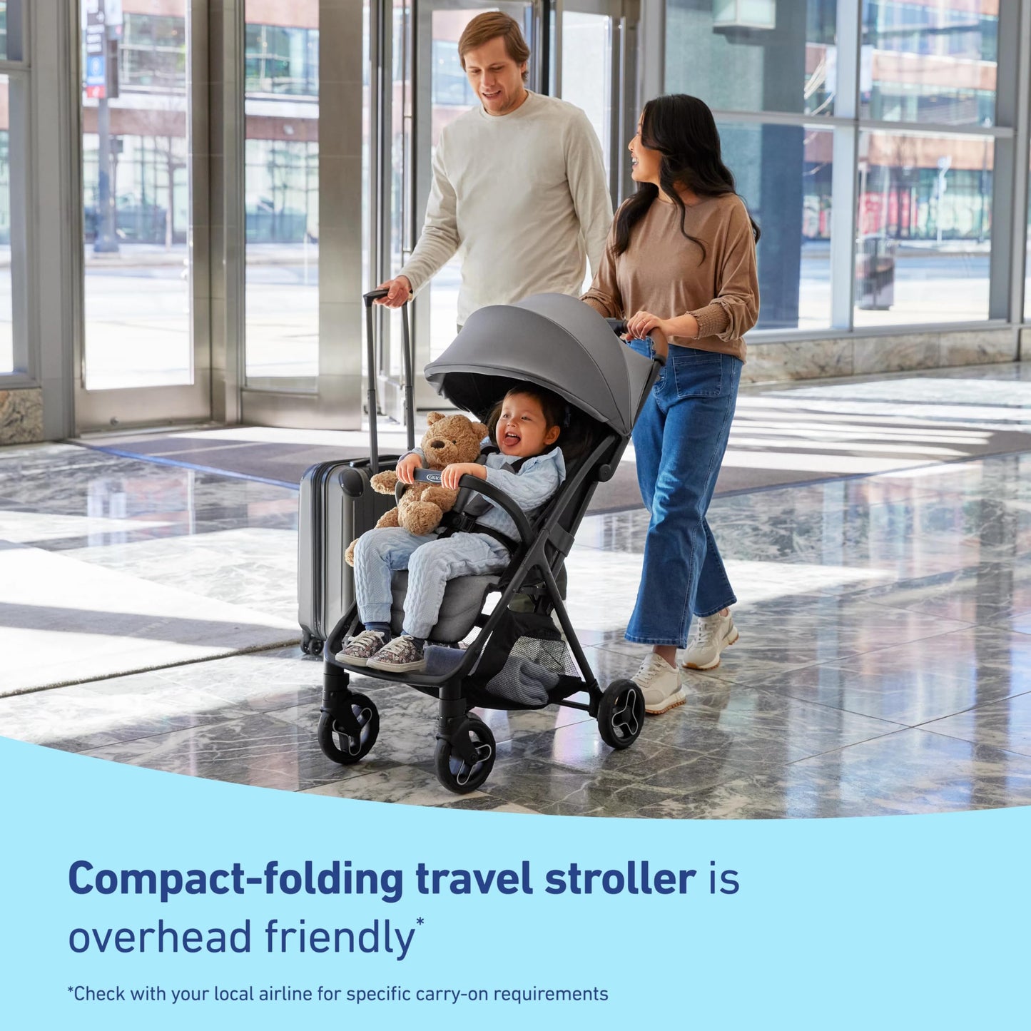 Graco Ready2Jet Compact Stroller with overhead-friendly design, automatic fold, suitable for travel, shown in Kingston color.