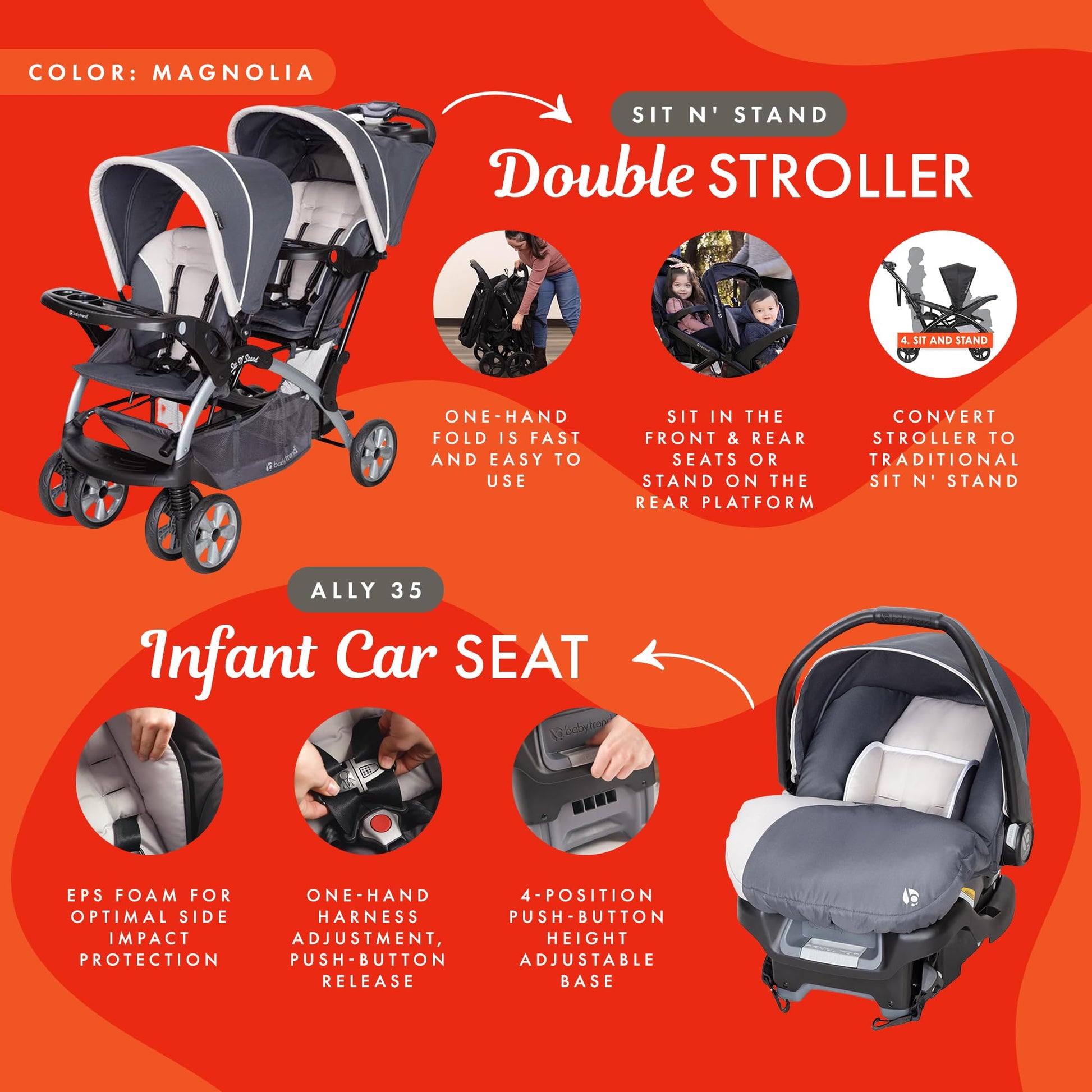 Baby Trend infant and toddler double stroller with car seat, lightweight and portable, Stormy color, tandem travel system.