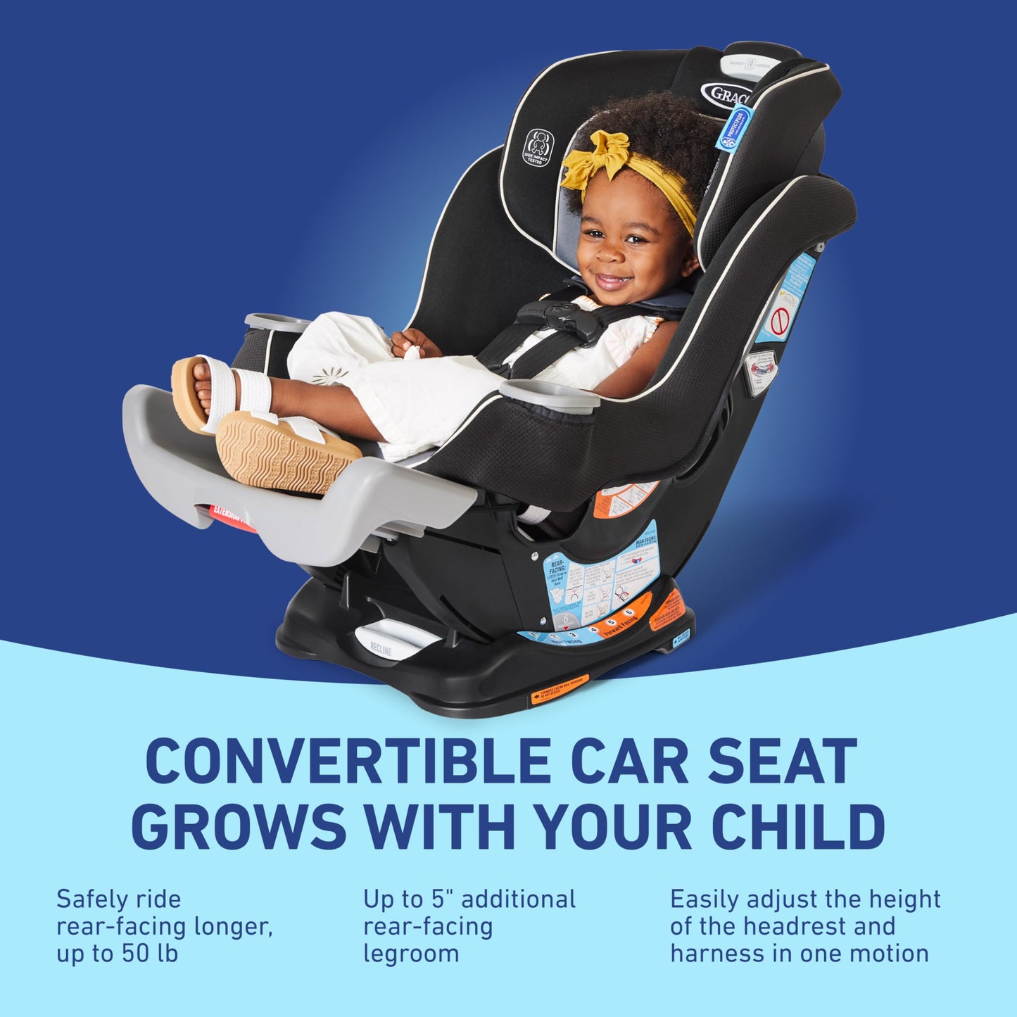 Graco Extend2Fit convertible baby car seat in Gotham color showing adjustable extension panel for extra legroom, rear and forward facing.