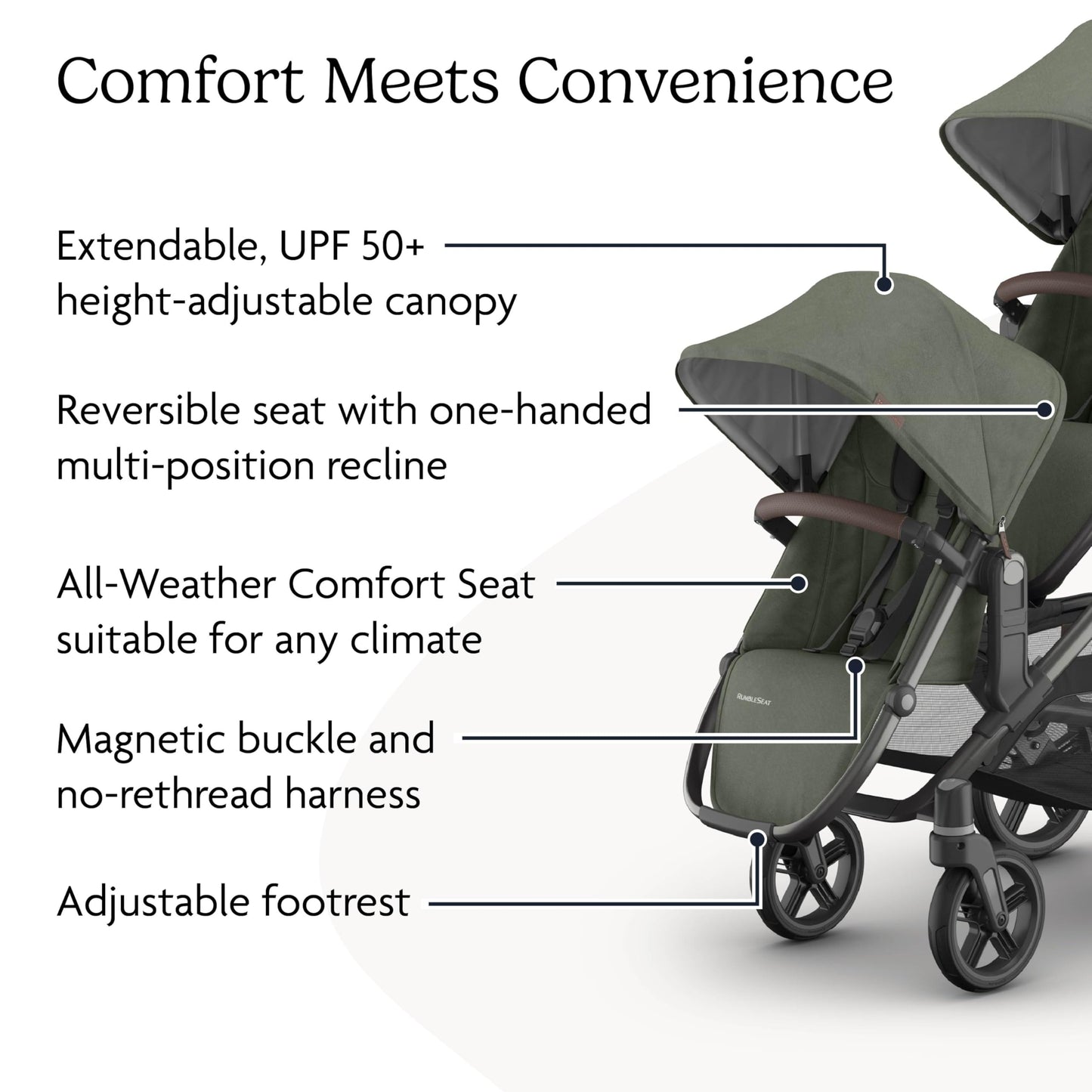 UPPAbaby RumbleSeat V3 for Vista V2 and V3, all-weather second seat with magnetic buckle in Declan Oat Mélange with silver frame.