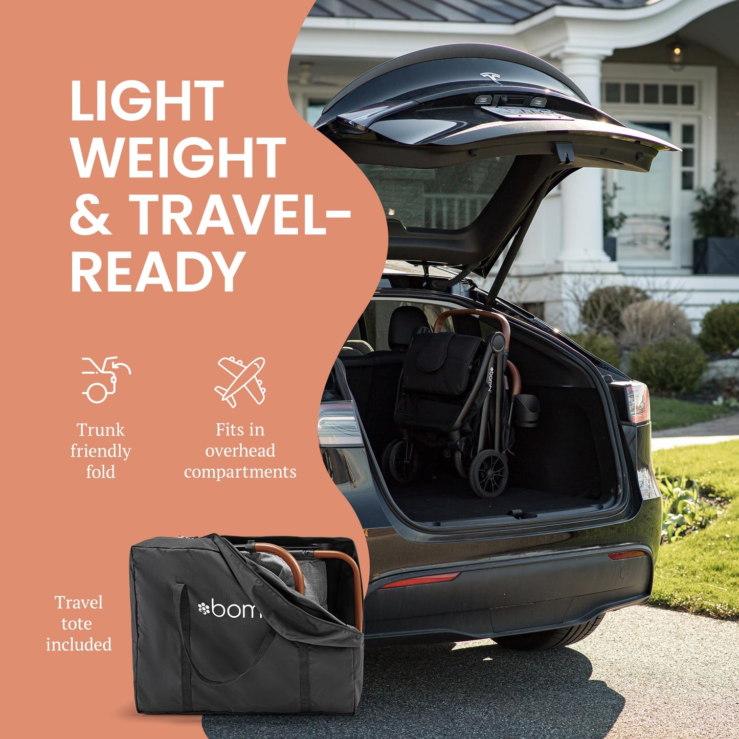 Bombi Bēbee V2 lightweight baby stroller with vegan leather, one-hand fold, infinite recline, aluminum frame, large canopy, and ample storage