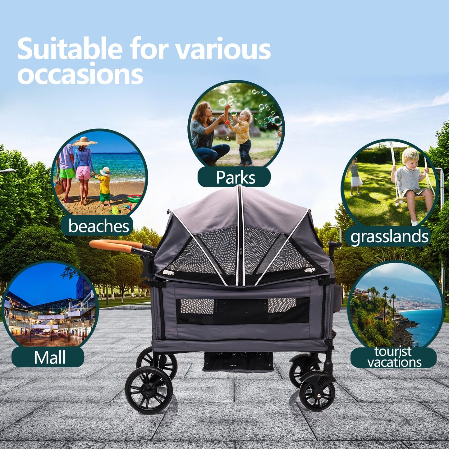 Lightweight My Store luxury double wagon stroller with adjustable handle, canopy, tray, cup holder, suitable for newborns and toddlers.