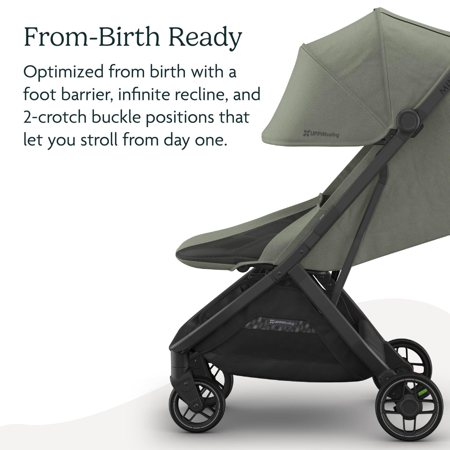 UPPAbaby Minu V3 lightweight travel stroller in greyson with charcoal frame and saddle leather, showing compact fold and sleek design