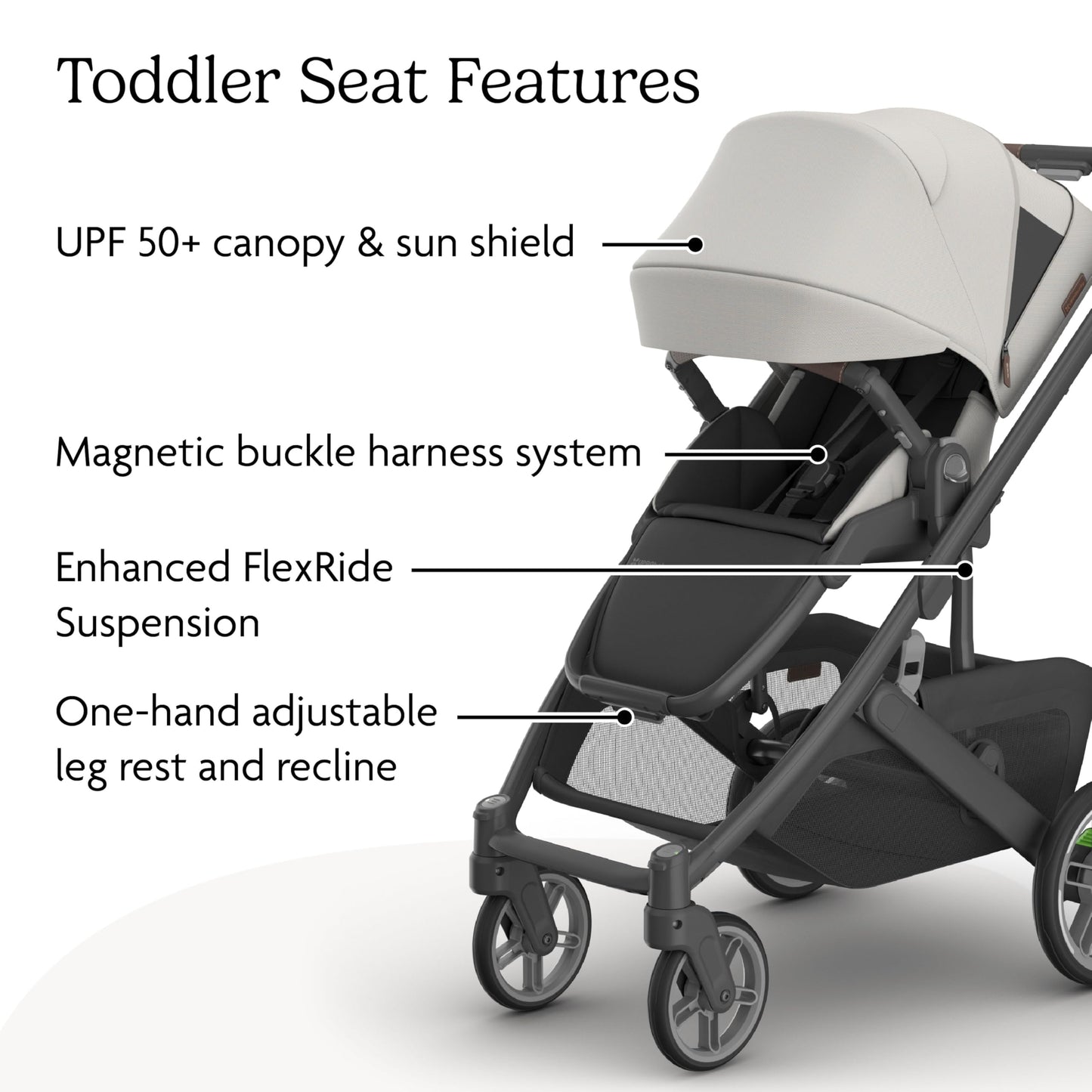 UPPAbaby Cruz V3 stroller in Greyson with reversible seat, infant insert, bug and rain shields, charcoal mélange, saddle leather accents