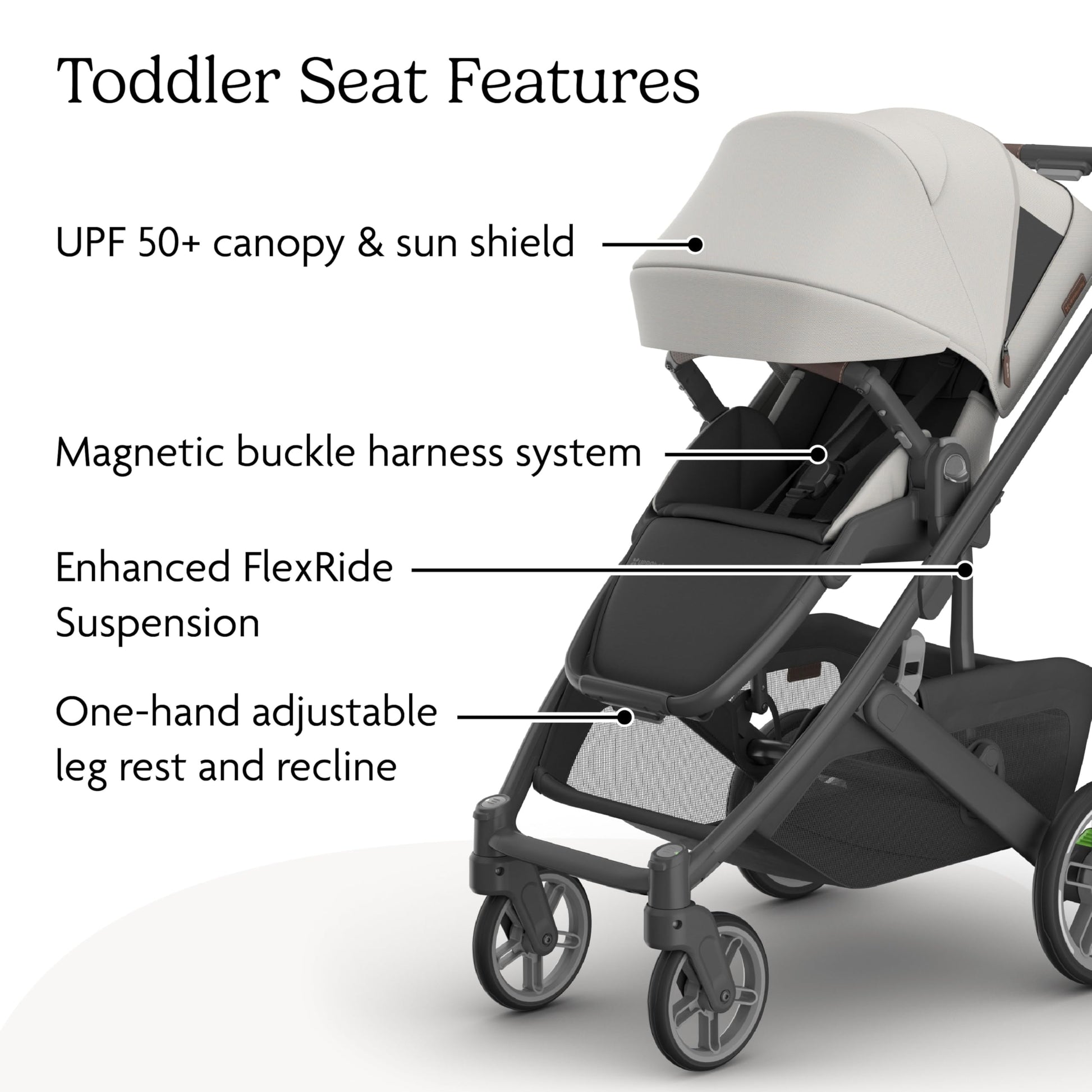 UPPAbaby Cruz V3 stroller in Greyson with reversible seat, infant insert, bug and rain shields, charcoal mélange, saddle leather accents