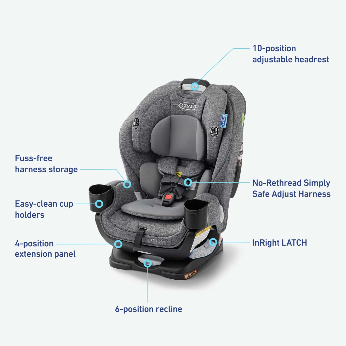Graco Extend2Fit convertible baby car seat in Gotham color with adjustable extension panel for extra legroom, rear and forward facing.