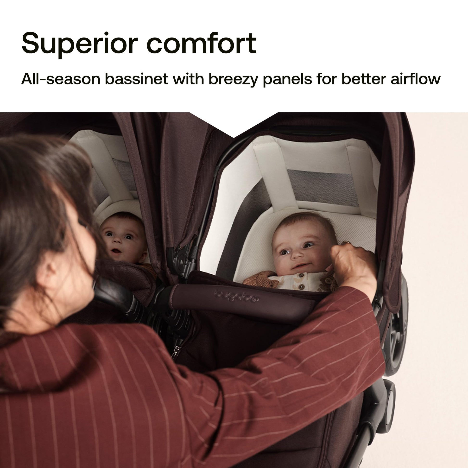 Bugaboo Donkey 6 single-to-double all-terrain stroller in cocoa brown, suitable for newborns and toddlers, with side-by-side design.