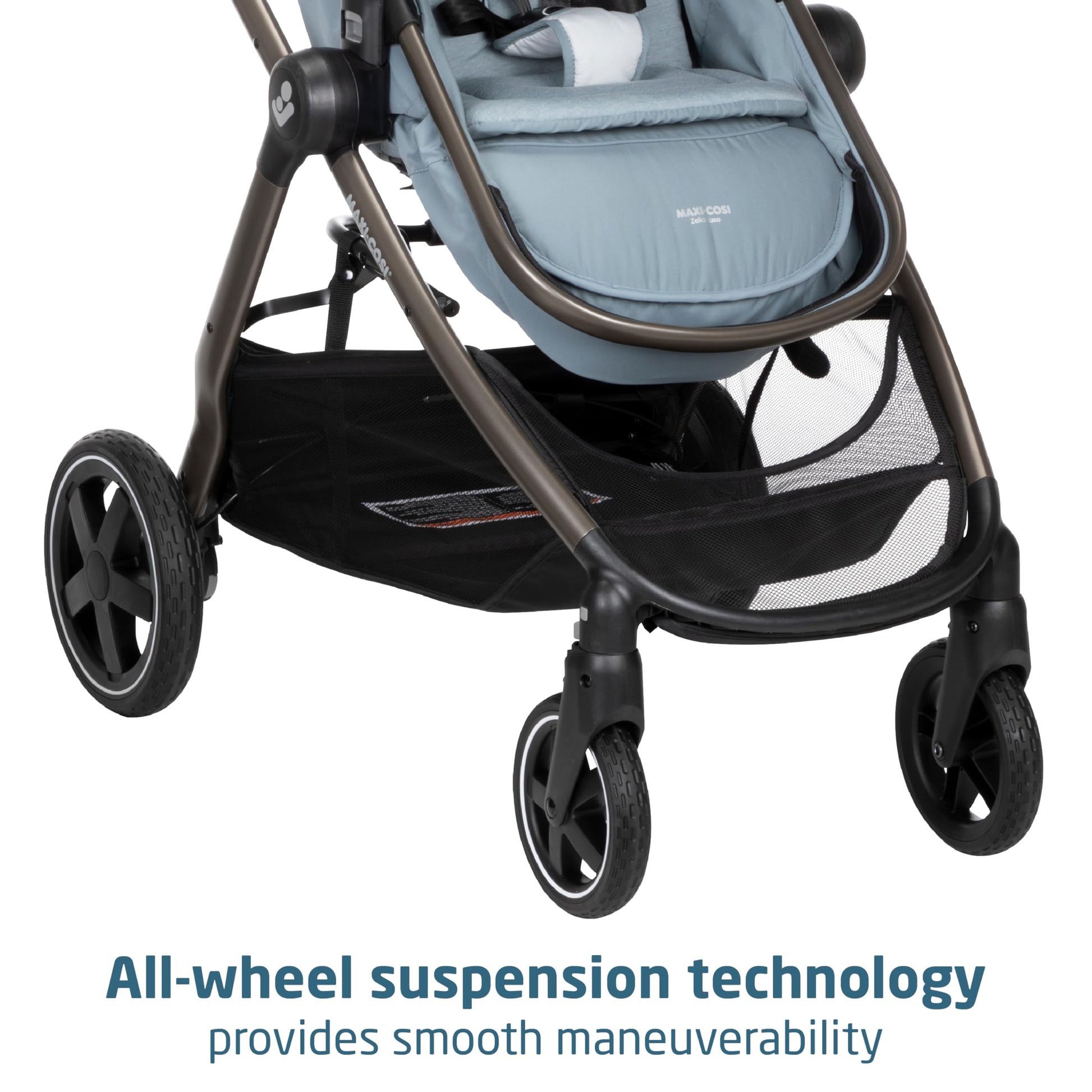 Maxi-Cosi Zelia Luxe 5-in-1 modular travel system with stroller and car seat, featuring sleek design and versatile configurations.