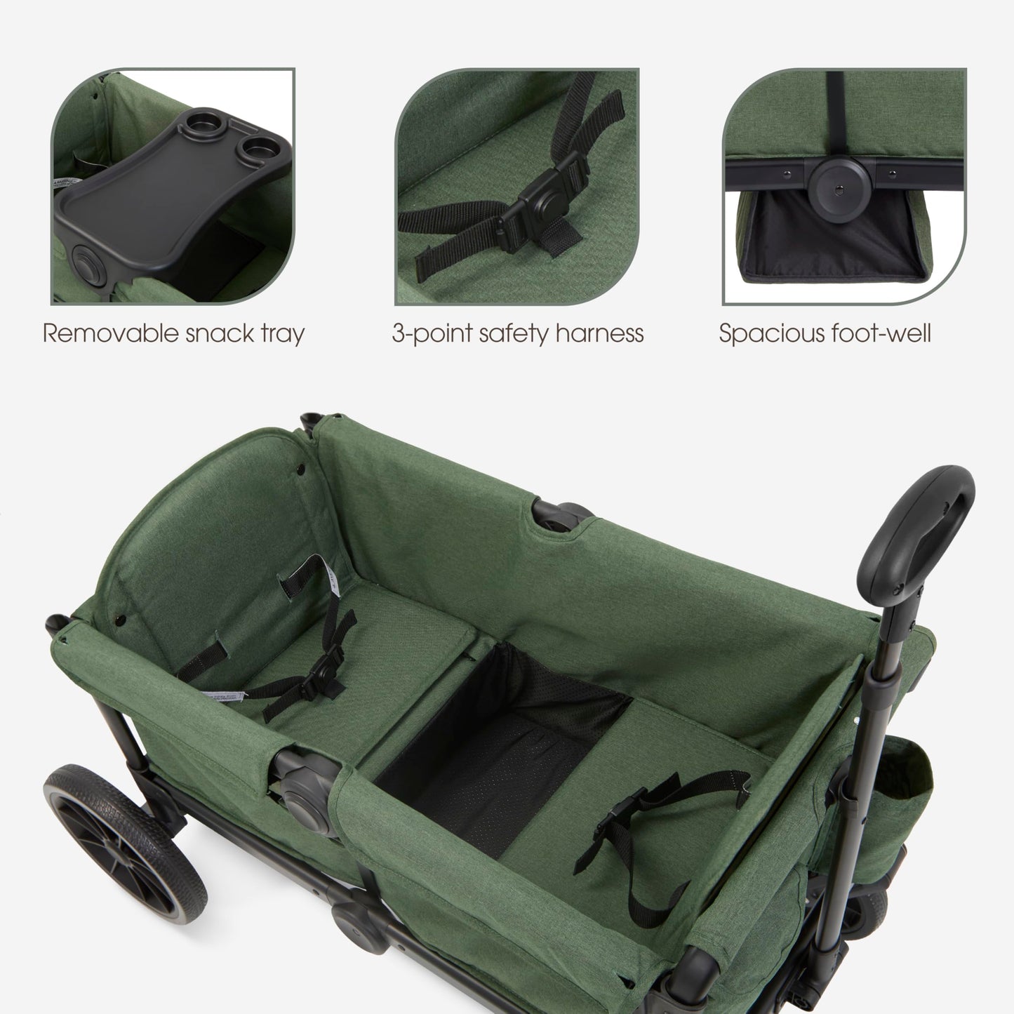 Evolur Trailblazer double wagon stroller in black with removable canopy, all-terrain wheels, 5-point harness, and spacious storage.