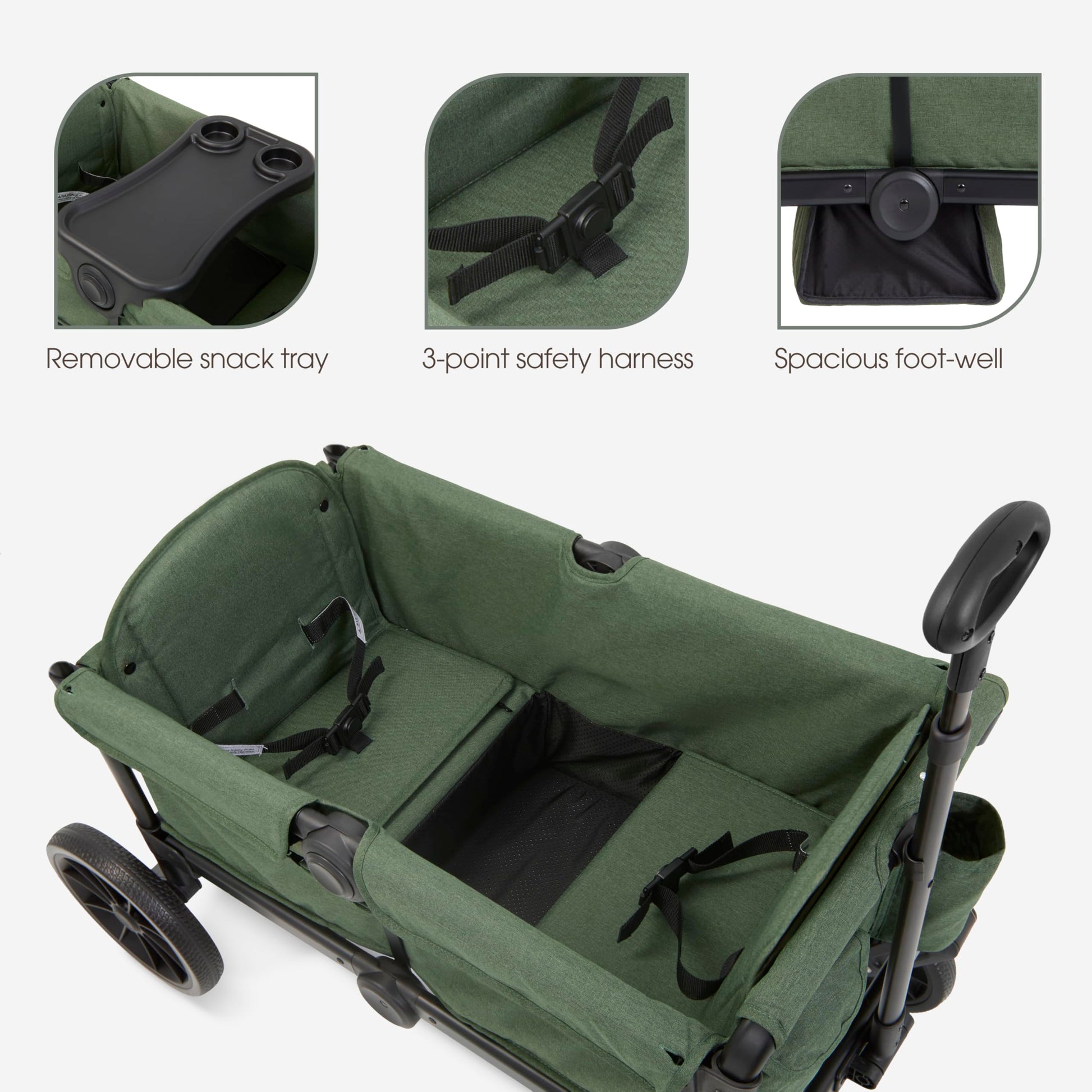 Evolur Trailblazer double wagon stroller in black with removable canopy, all-terrain wheels, 5-point harness, and spacious storage.