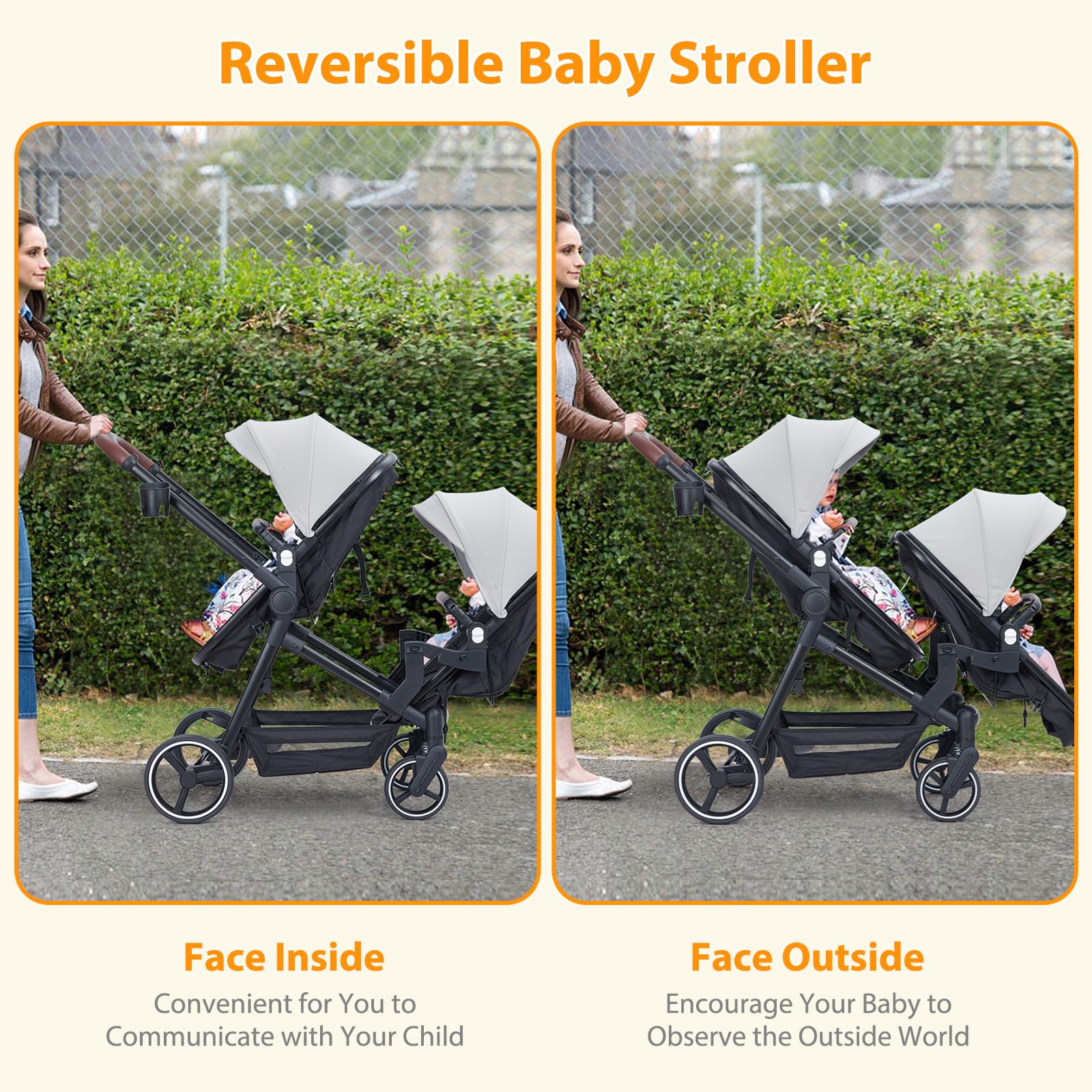 My Store tandem stroller with double bassinet, reversible seats, adjustable canopy, one-hand fold, and large storage basket in black.