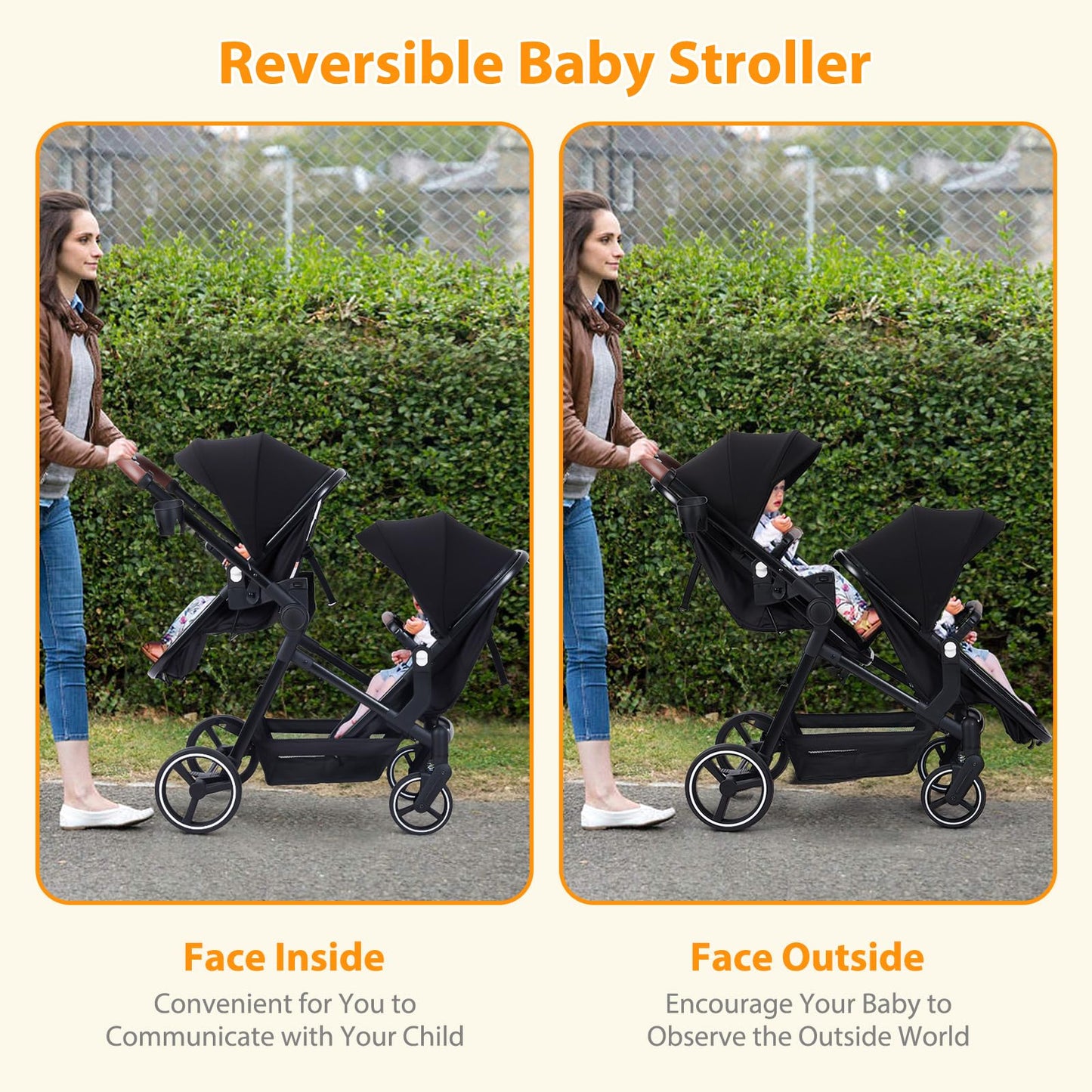 Black tandem stroller with reversible seats, adjustable canopies, large storage basket, and one-hand fold for twins and newborns.