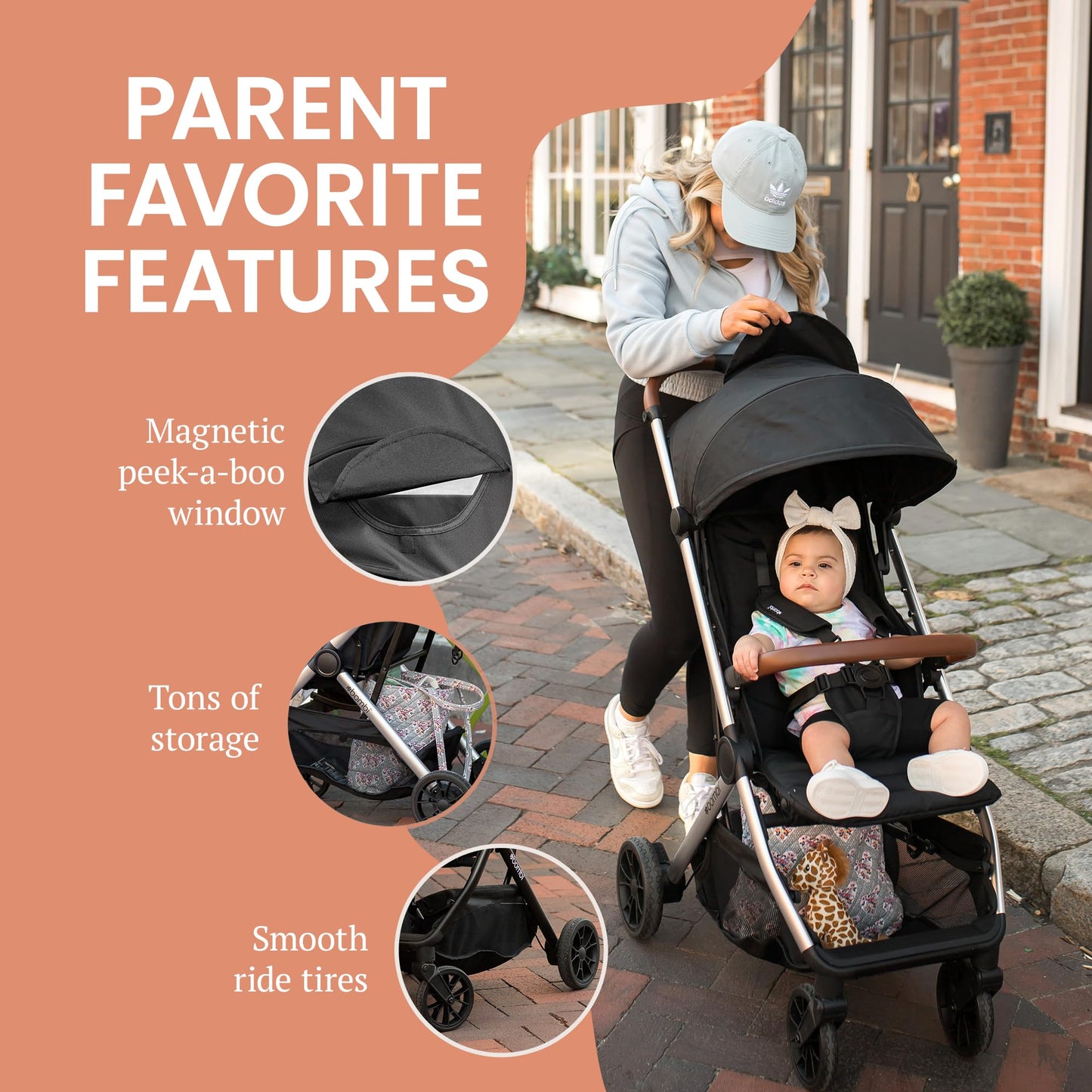 Lightweight Bombi Bēbee V2 baby stroller with vegan leather, one-hand fold, infinite recline, aluminum frame, XXL canopy, and ample storage.
