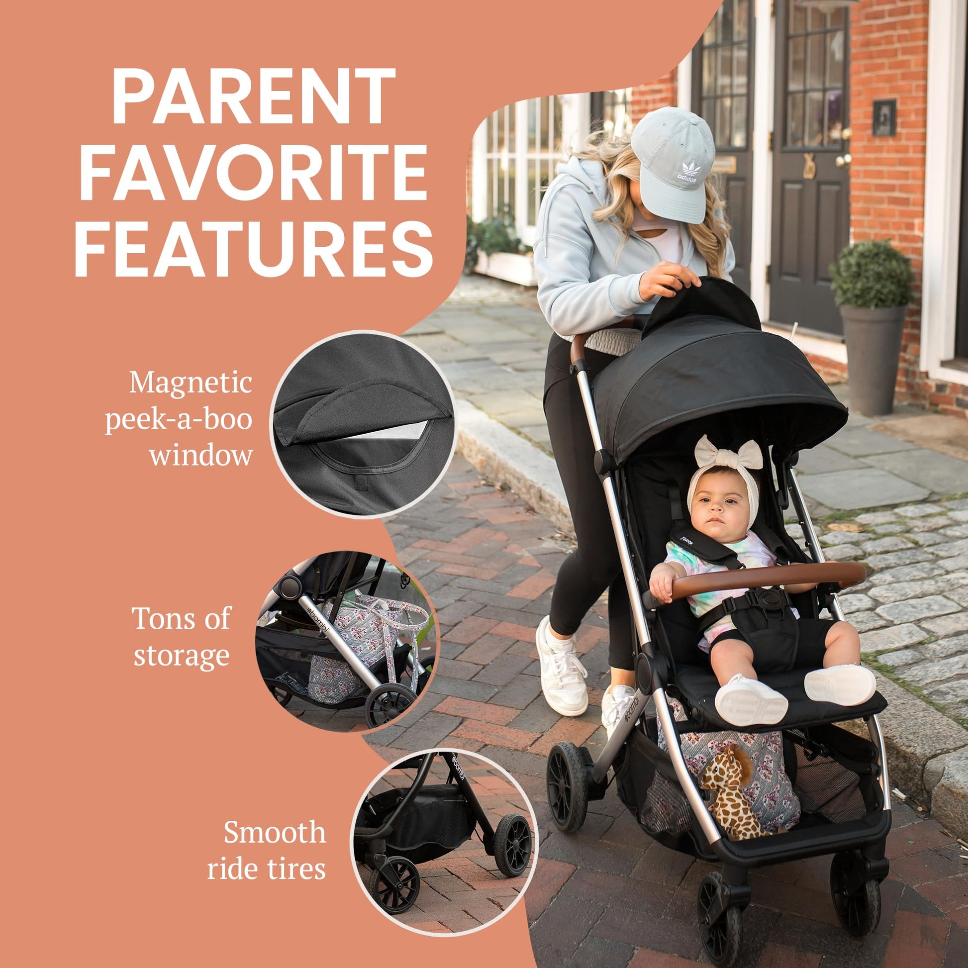 Lightweight Bombi Bēbee V2 baby stroller with vegan leather, one-hand fold, infinite recline, aluminum frame, XXL canopy, and ample storage.