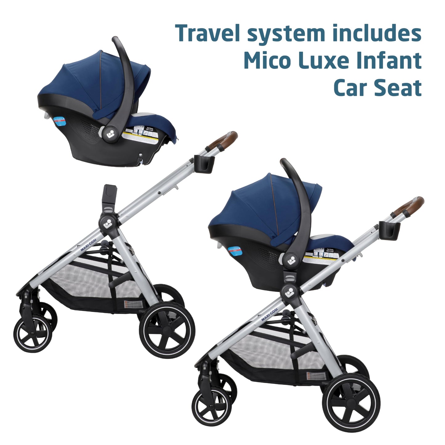 Maxi-Cosi Zelia Luxe 5-in-1 modular travel system with stroller, car seat, and bassinet for versatile baby travel solutions.