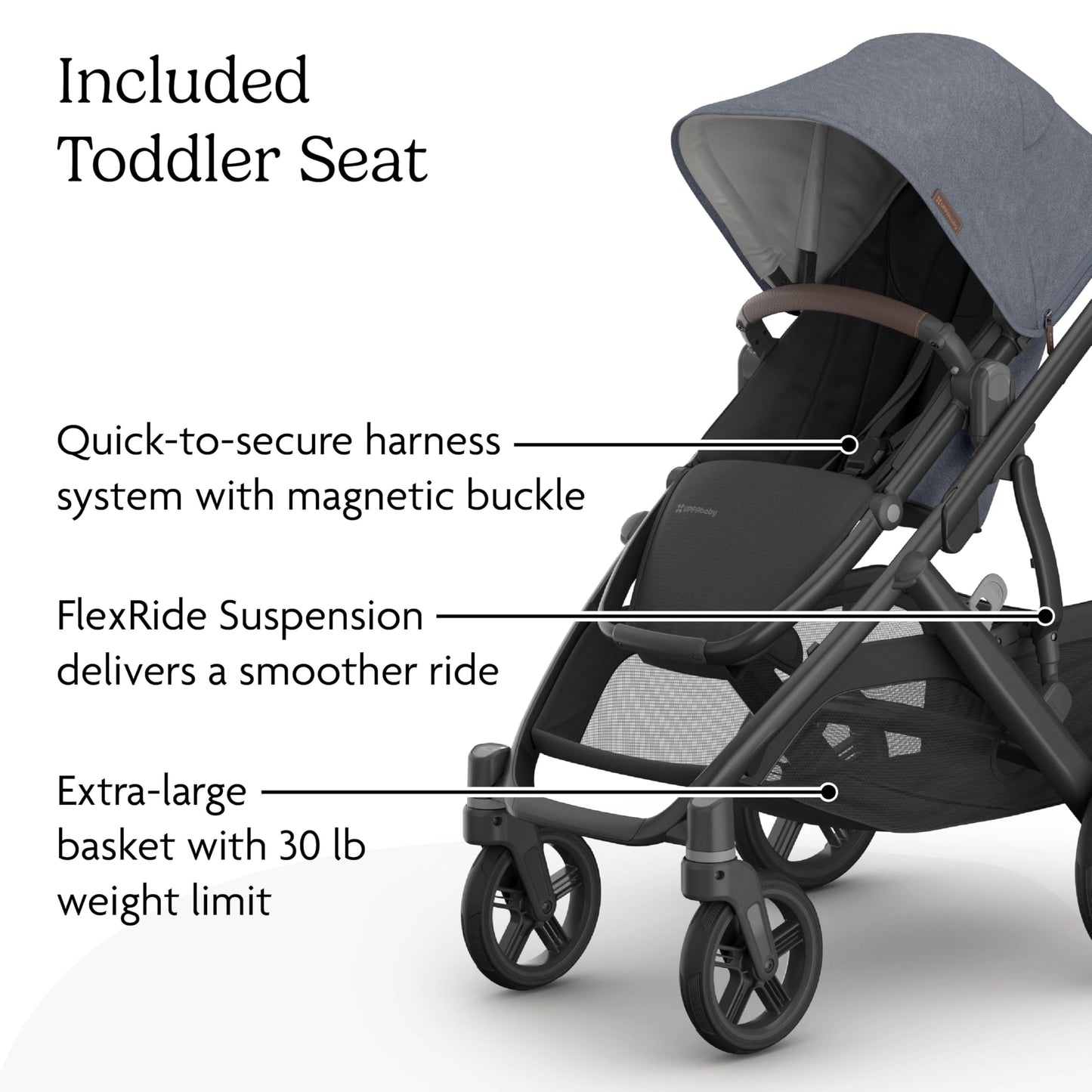 UPPAbaby Vista V3 stroller for baby and toddler, charcoal frame, all-wheel suspension, XL basket, versatile single-to-double design.