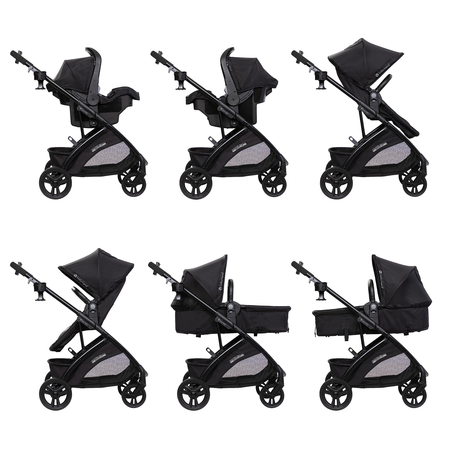 Baby Trend Passport Switch 6-in-1 stroller with EZ-Lift infant car seat in dash black, featuring a sleek black frame and versatile design.