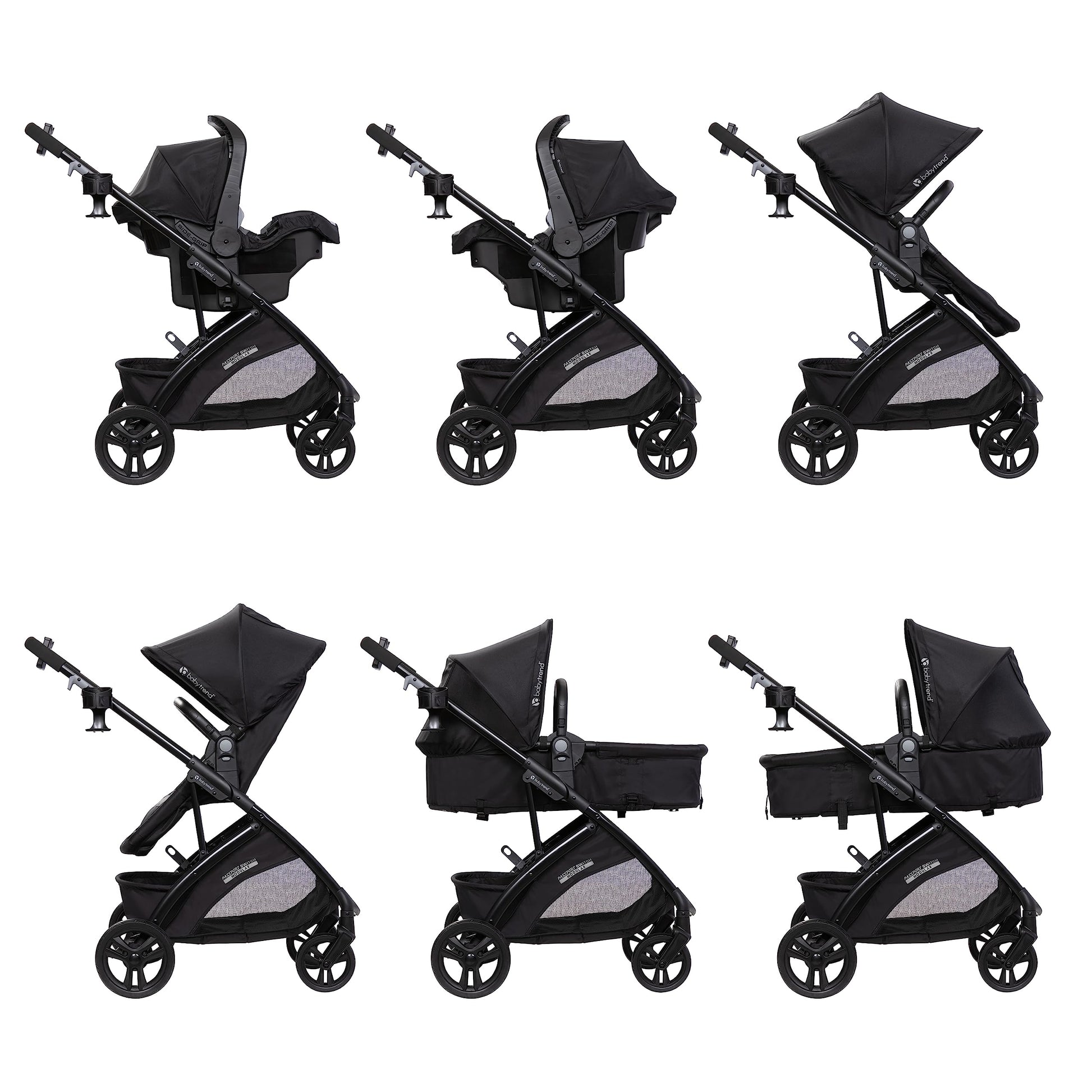 Baby Trend Passport Switch 6-in-1 stroller with EZ-Lift infant car seat in dash black, featuring a sleek black frame and versatile design.