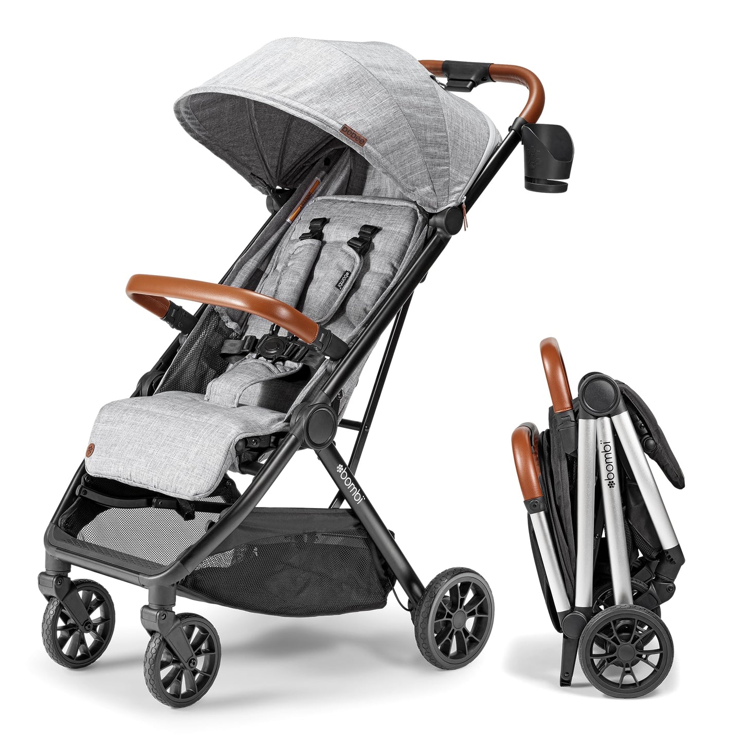 Bombi Bēbee V2 lightweight baby stroller with vegan leather, one-hand fold, infinite recline, aluminum frame, XXL canopy, and storage