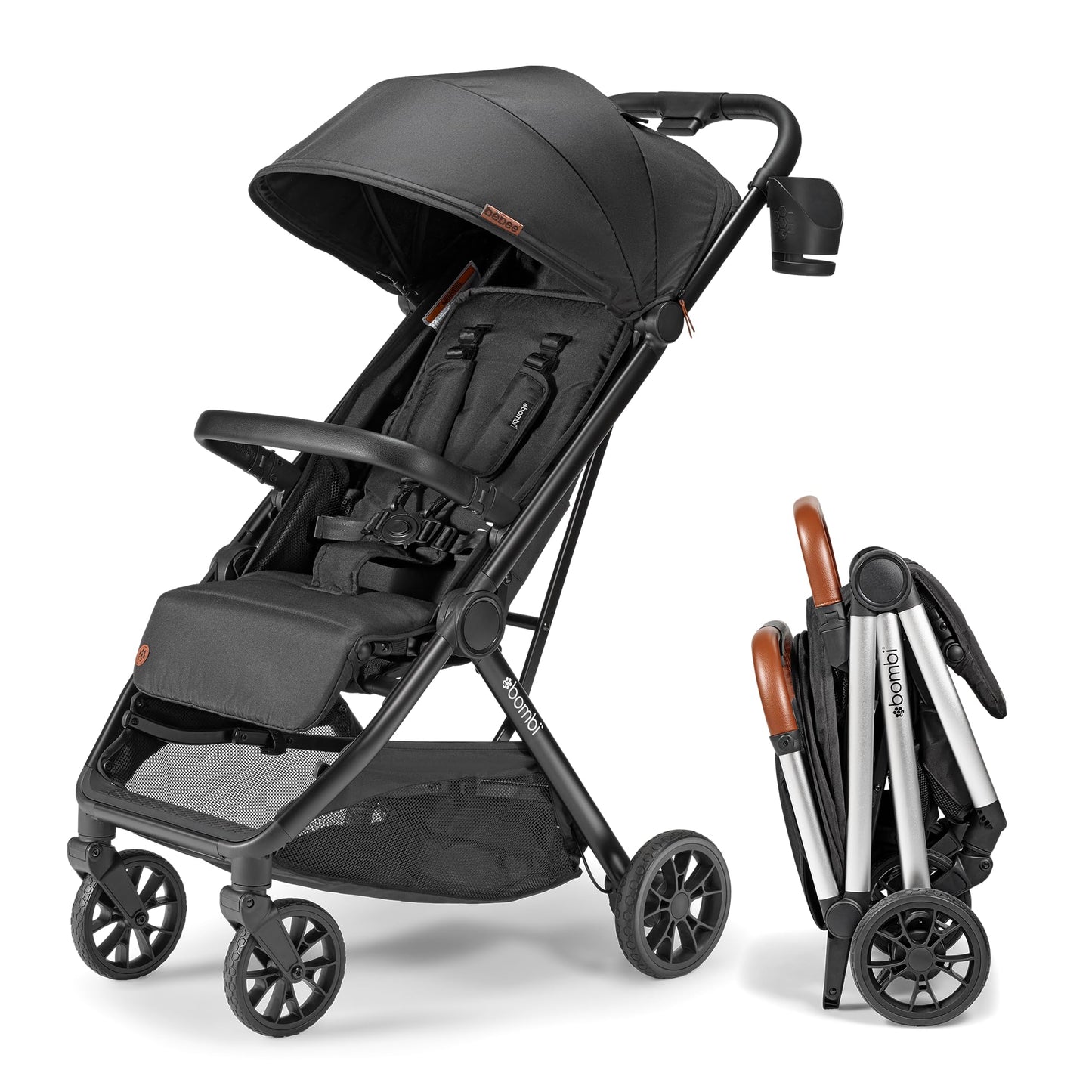 Lightweight Bombi Bēbee V2 baby stroller with vegan leather, one-hand fold, infinite recline, aluminum frame, XXL canopy, and storage