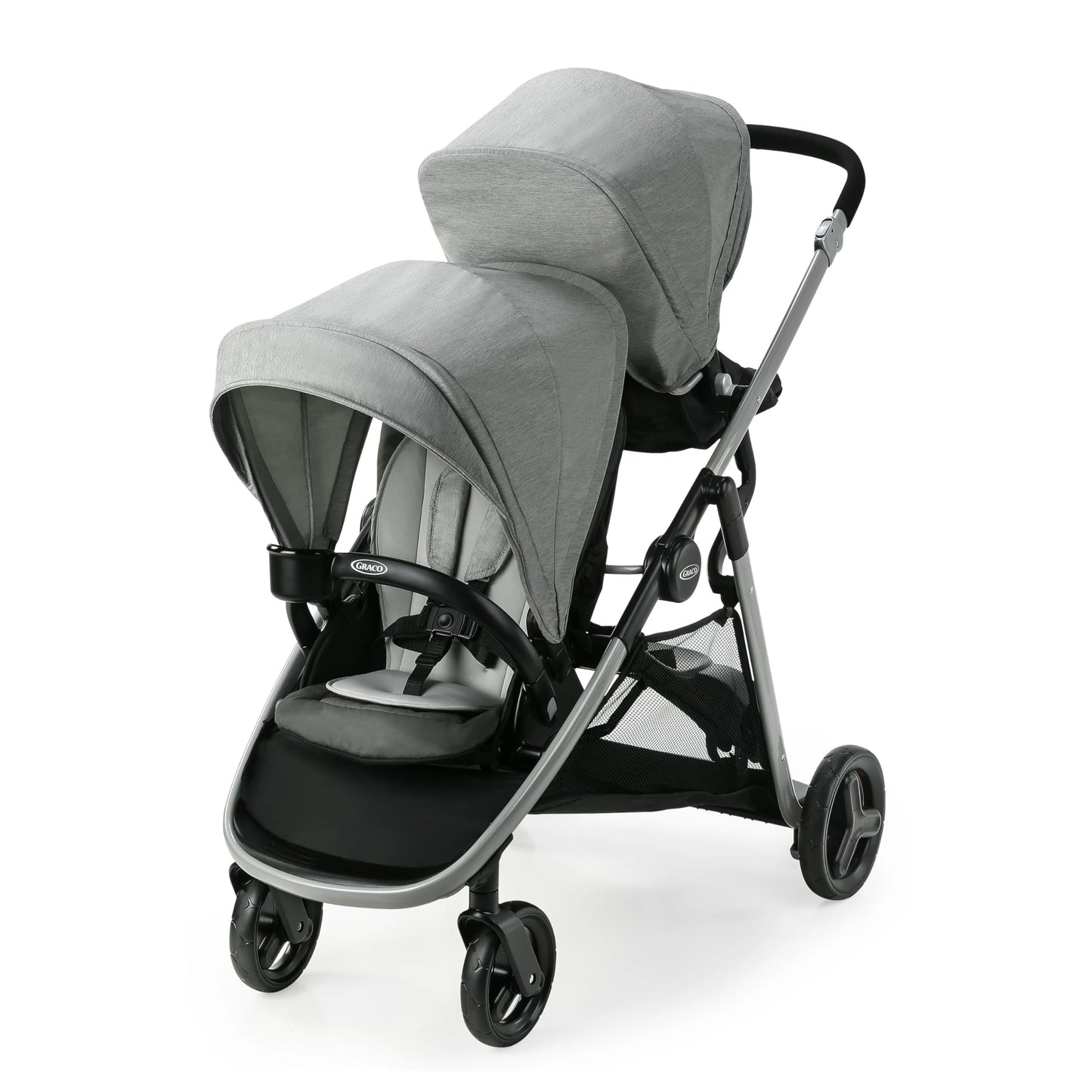 Graco Ready2Grow 2.0 double stroller with bench seat and standing platform, featuring sleek design and versatile seating options.