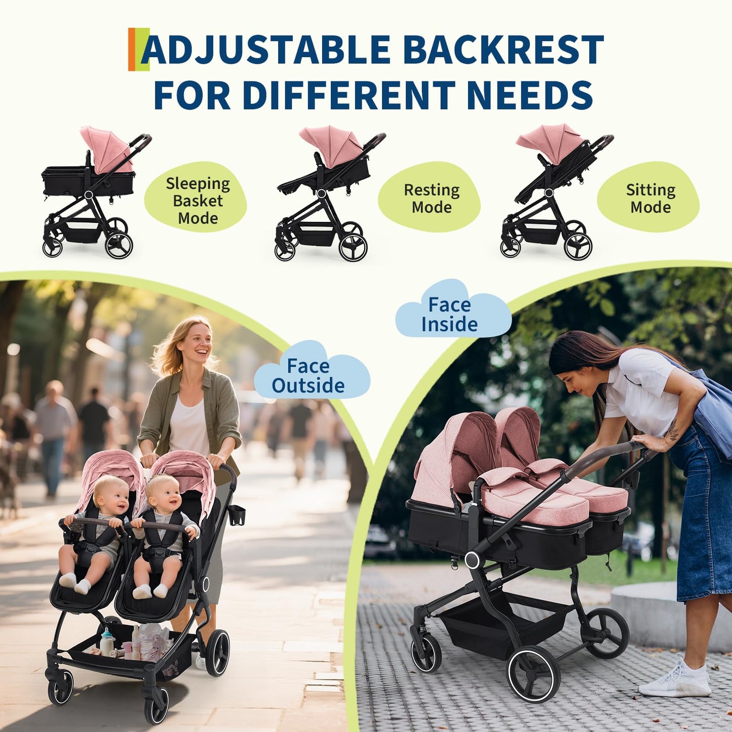 Lightweight twin stroller for infants and toddlers with adjustable canopy, reclining seats, and 5-point harness in a side-by-side design.