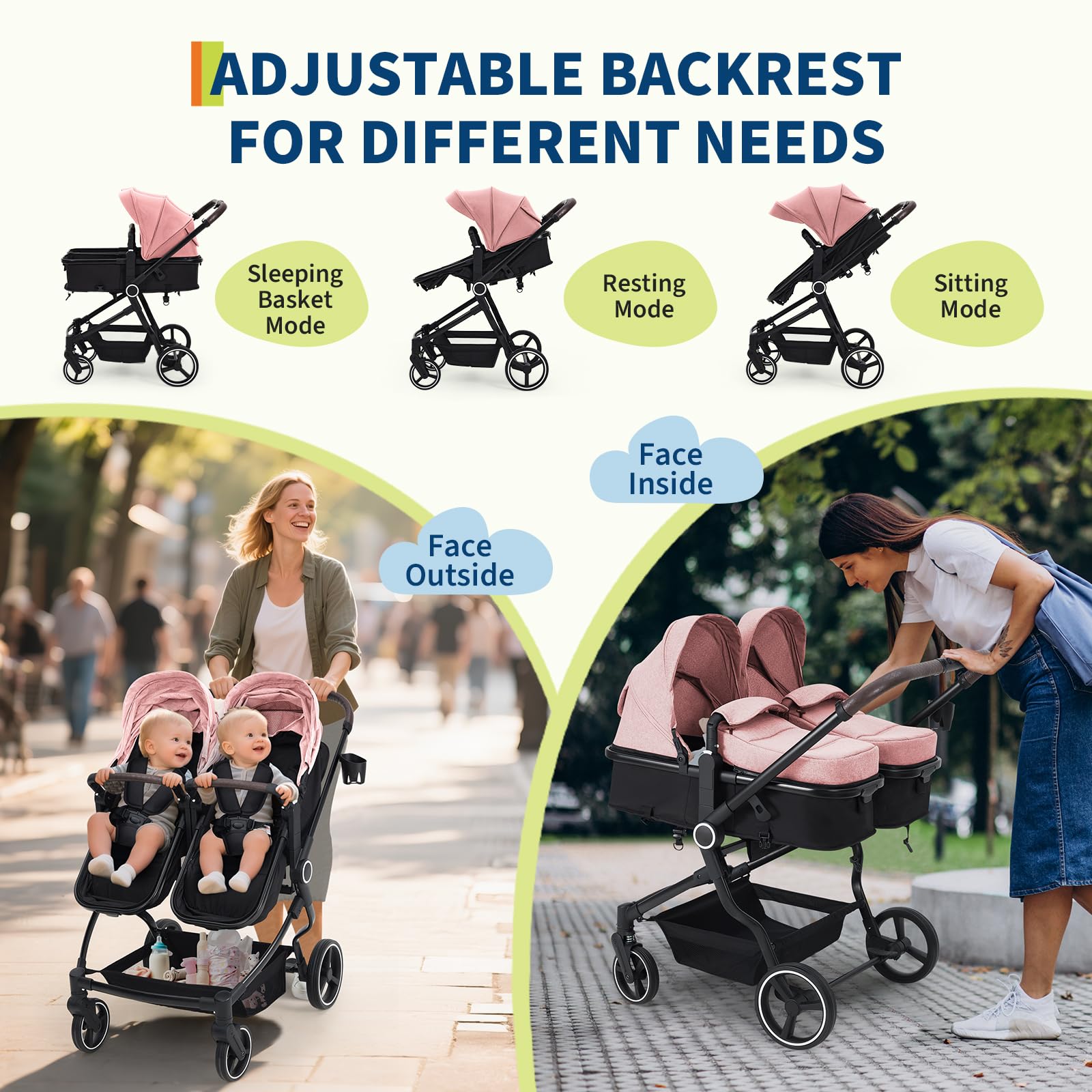 Pink double stroller for newborn and toddler with adjustable recline, canopy, lightweight fold, and parent cup holders.