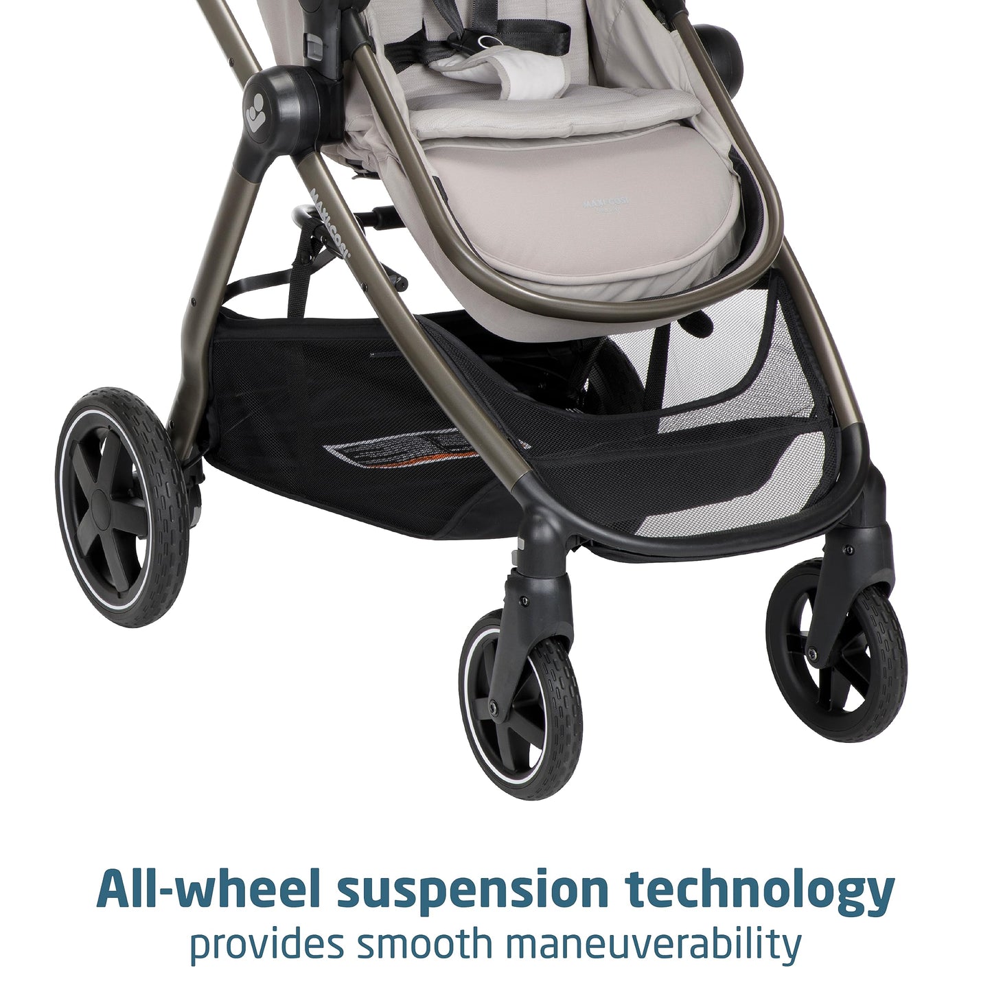 Maxi-Cosi Zelia Luxe 5-in-1 modular travel system with stroller, car seat, and accessories for versatile baby travel.