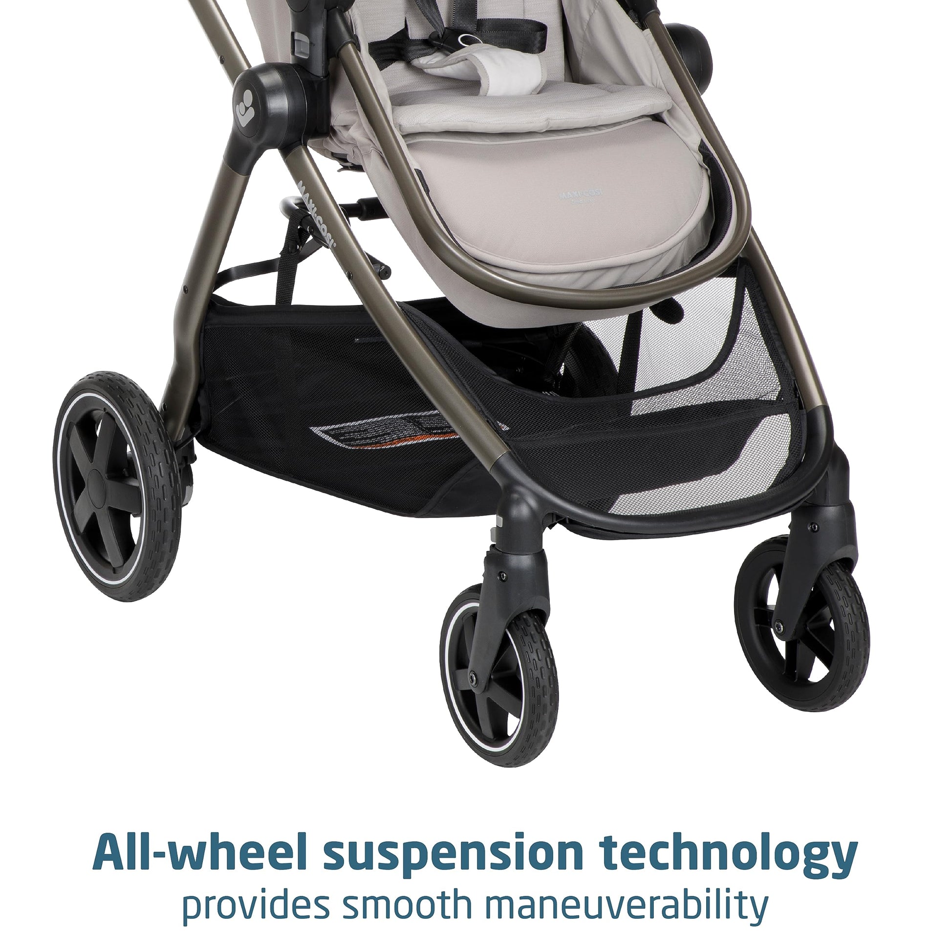 Maxi-Cosi Zelia Luxe 5-in-1 modular travel system with stroller, car seat, and accessories for versatile baby travel.