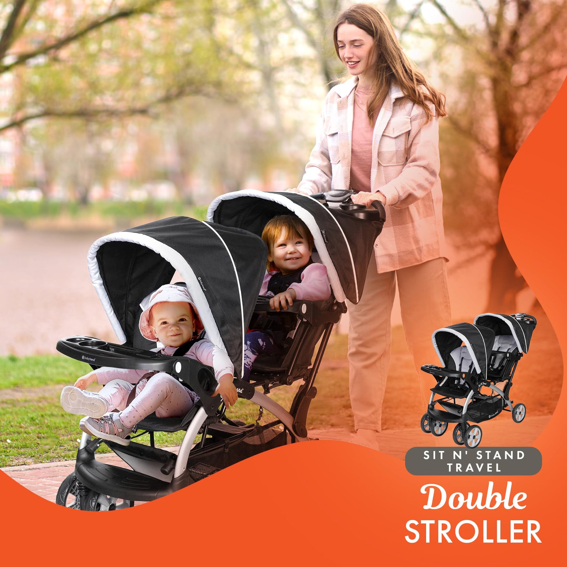 Baby Trend infant and toddler double stroller with car seat, Stormy color, lightweight and portable tandem travel system.