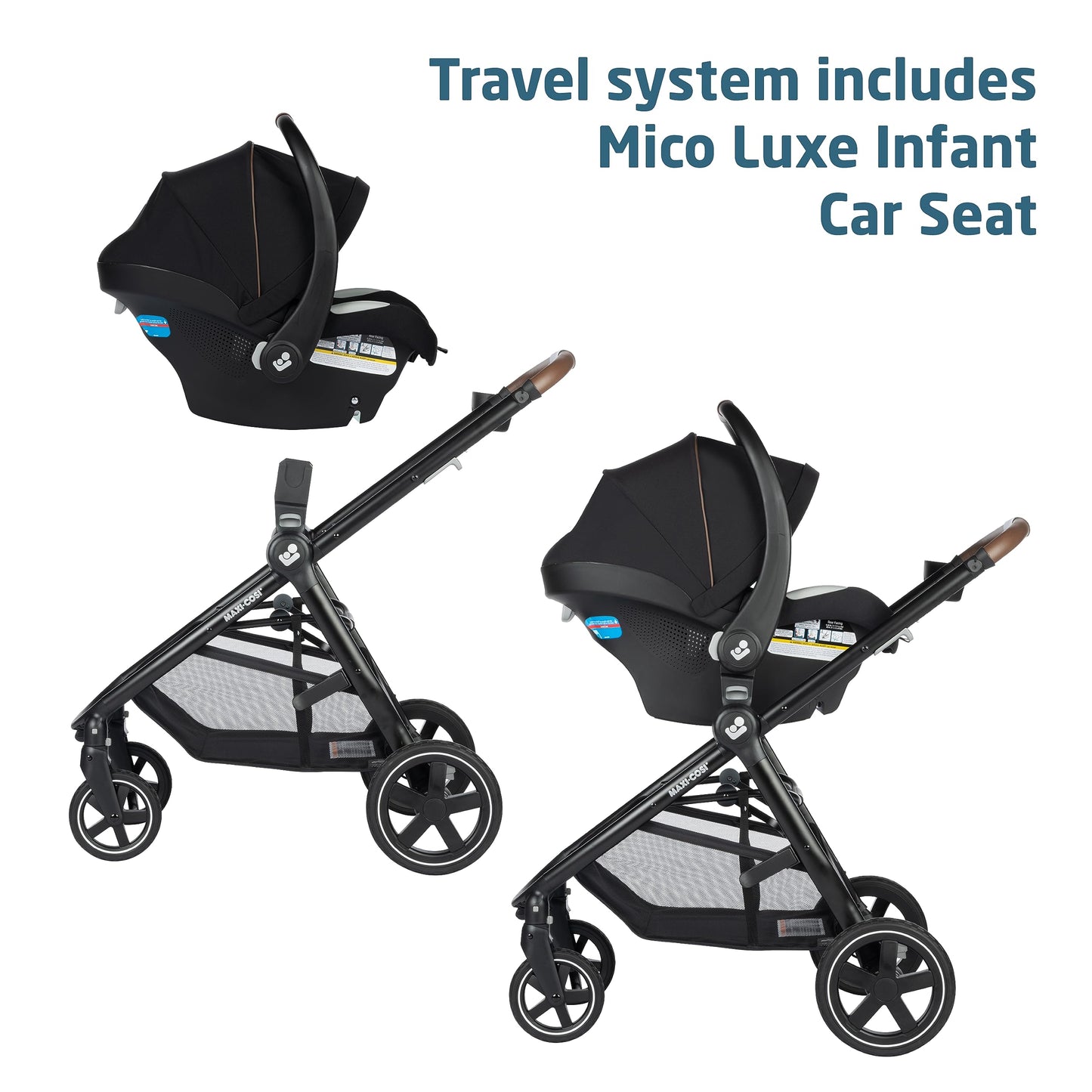 Maxi-Cosi Zelia Luxe 5-in-1 modular travel system with stroller, car seat, and accessories for infants and toddlers.