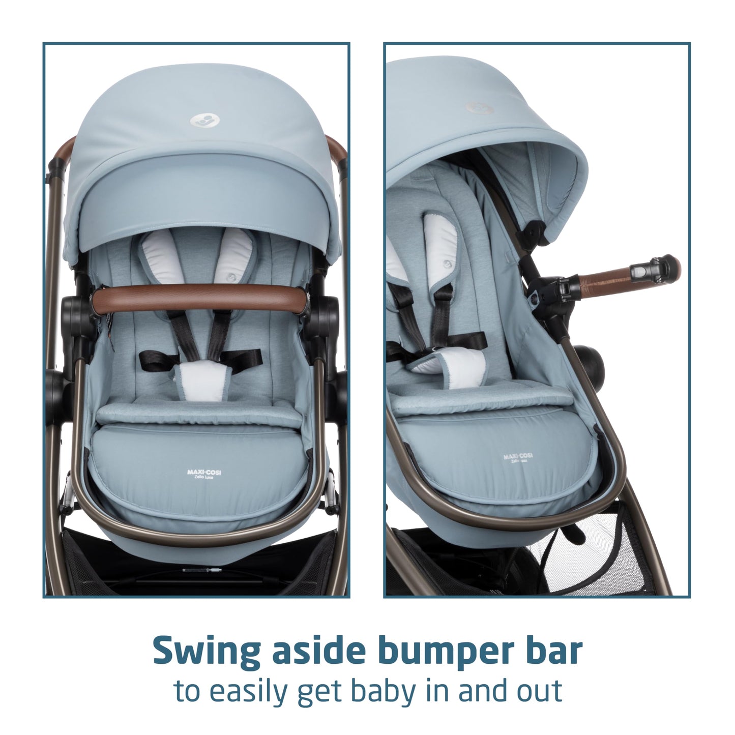Maxi-Cosi Zelia Luxe 5-in-1 modular travel system with stroller, car seat, and accessories in stylish navy blue.