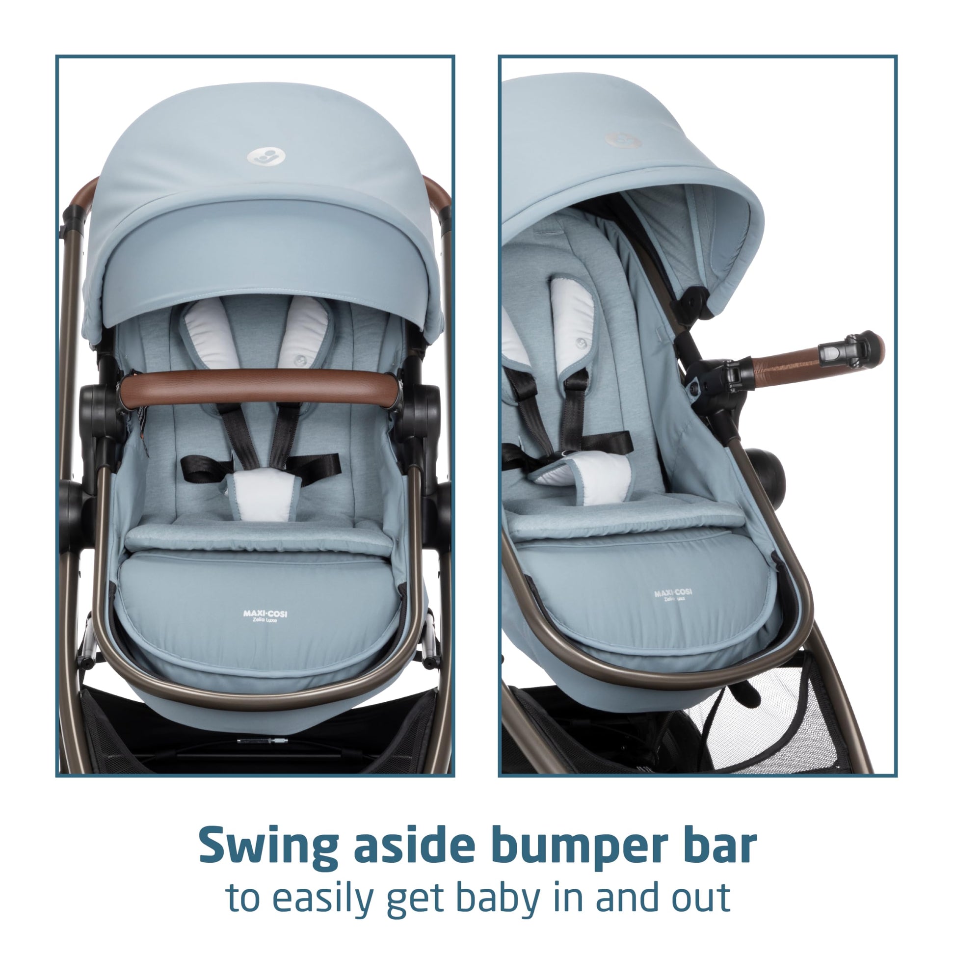 Maxi-Cosi Zelia Luxe 5-in-1 modular travel system with stroller, car seat, and accessories in stylish navy blue.