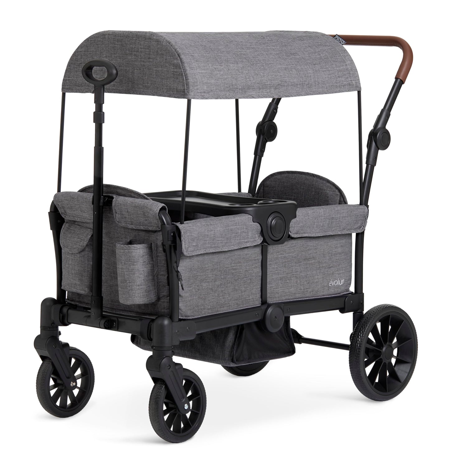 Evolur Trailblazer double stroller wagon in black with all-terrain wheels, removable canopy, 5-point harness, and spacious storage.