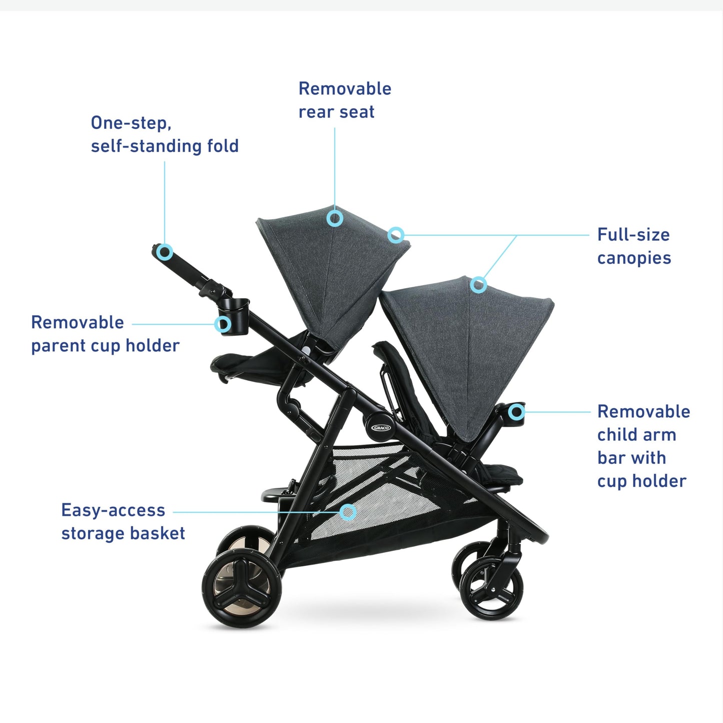 Graco Ready2Grow 2.0 double stroller with bench seat and standing platform, featuring Rafa design, in a daytime outdoor setting.