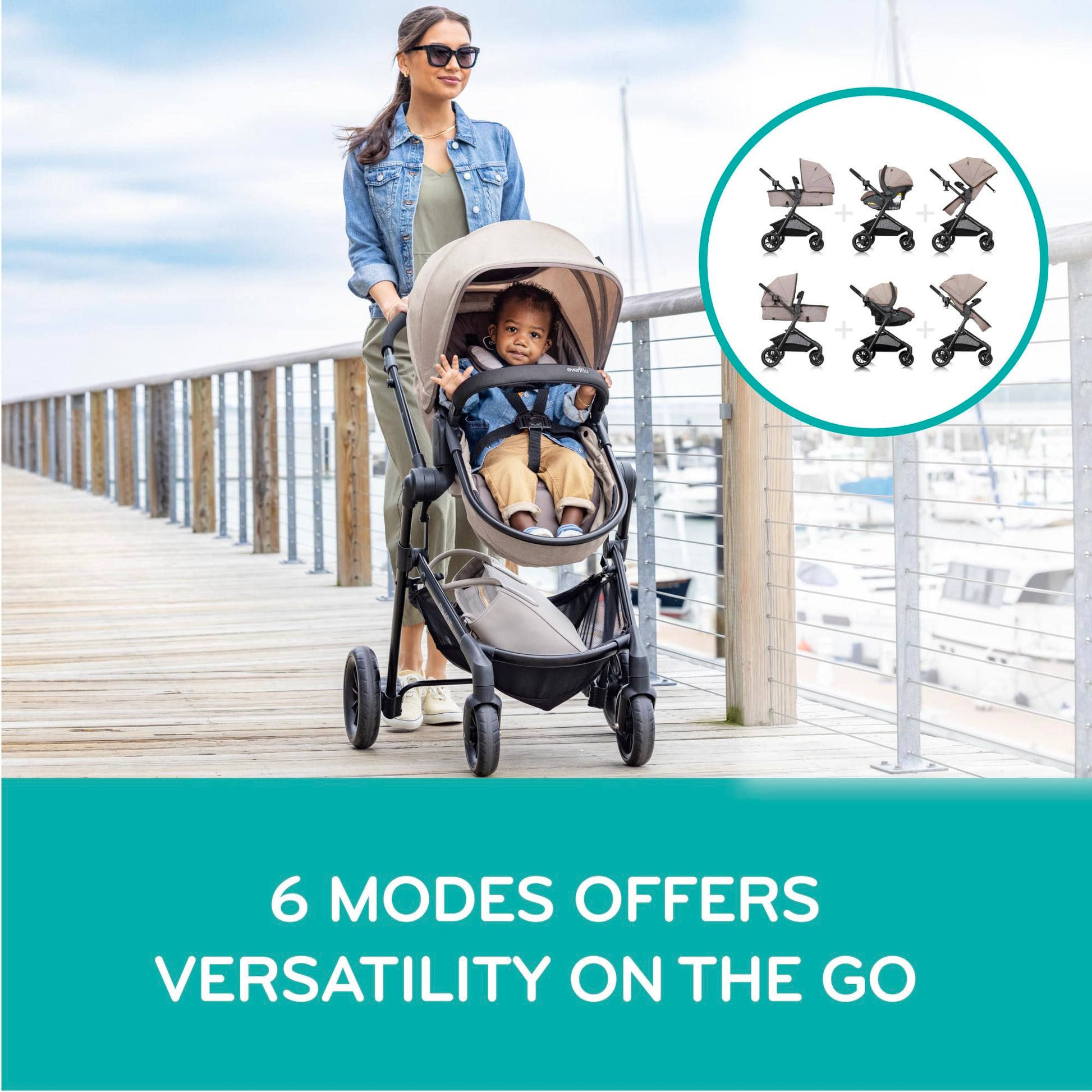 Evenflo Pivot Modular Travel System with LiteMax Preemie and Infant Car Seat in Casual Gray, featuring stroller and car seat components.