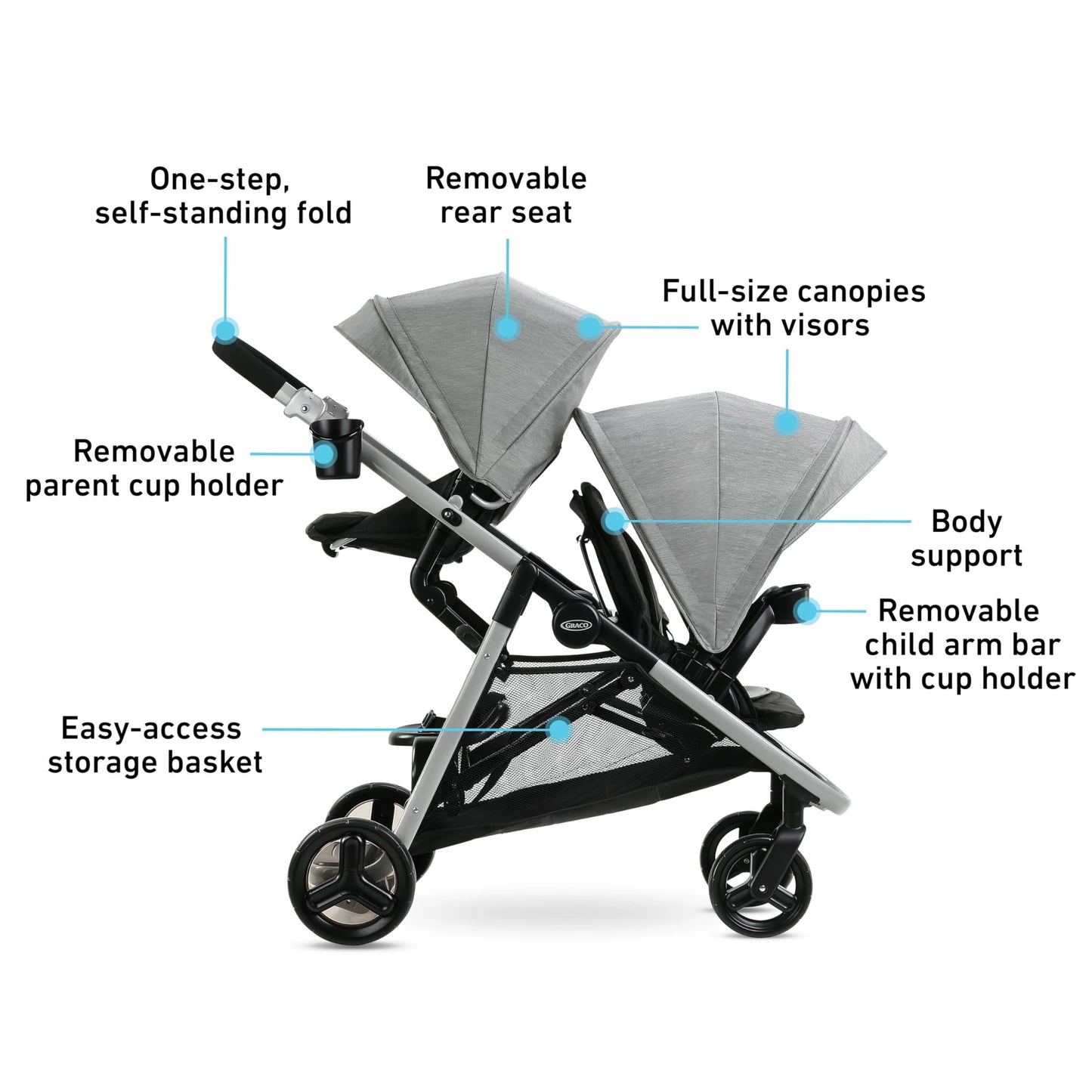 Graco Ready2Grow 2.0 double stroller with bench seat and standing platform for versatile child transportation.