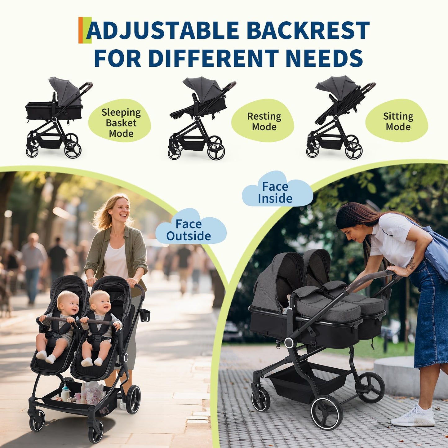 Lightweight double stroller for twins by My Store with reclining seats, adjustable canopies, 5-point harness, and high landscape design.