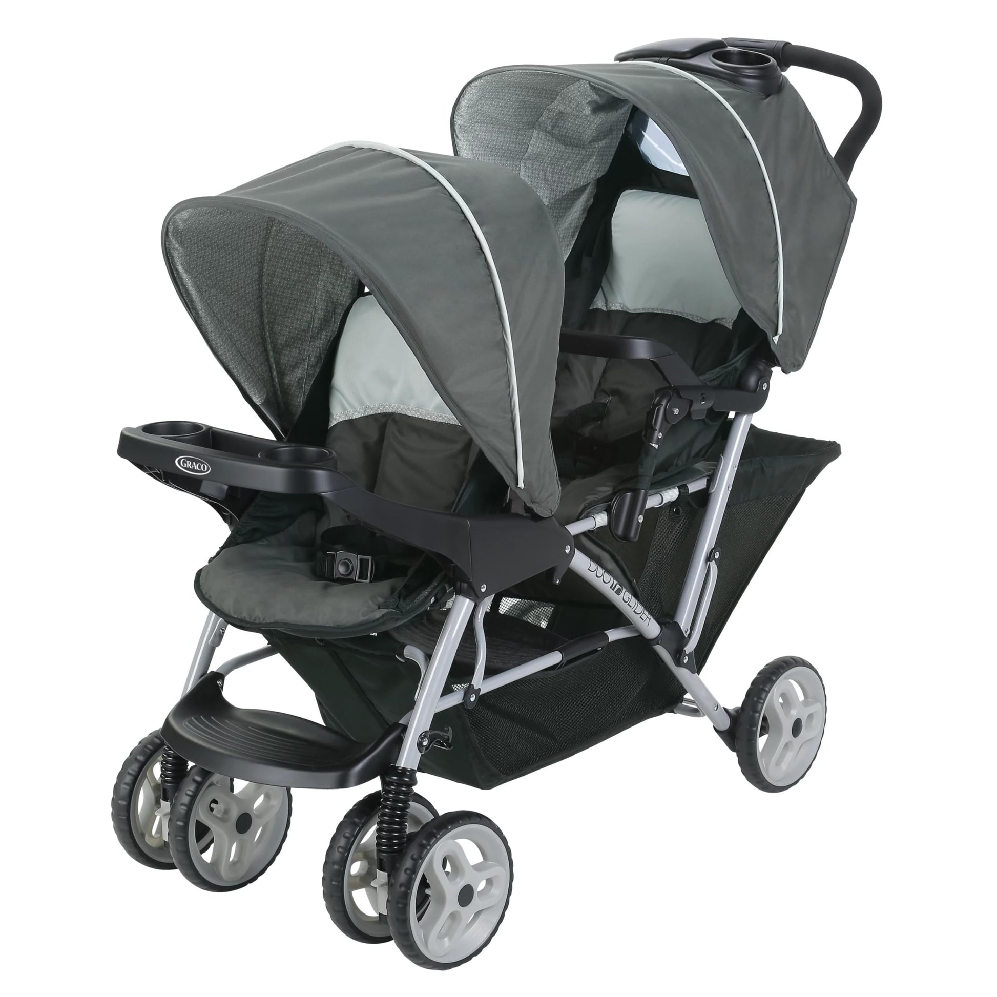 Graco DuoGlider double stroller with tandem seating in glacier, lightweight design, suitable for two children, front and rear seats visible.